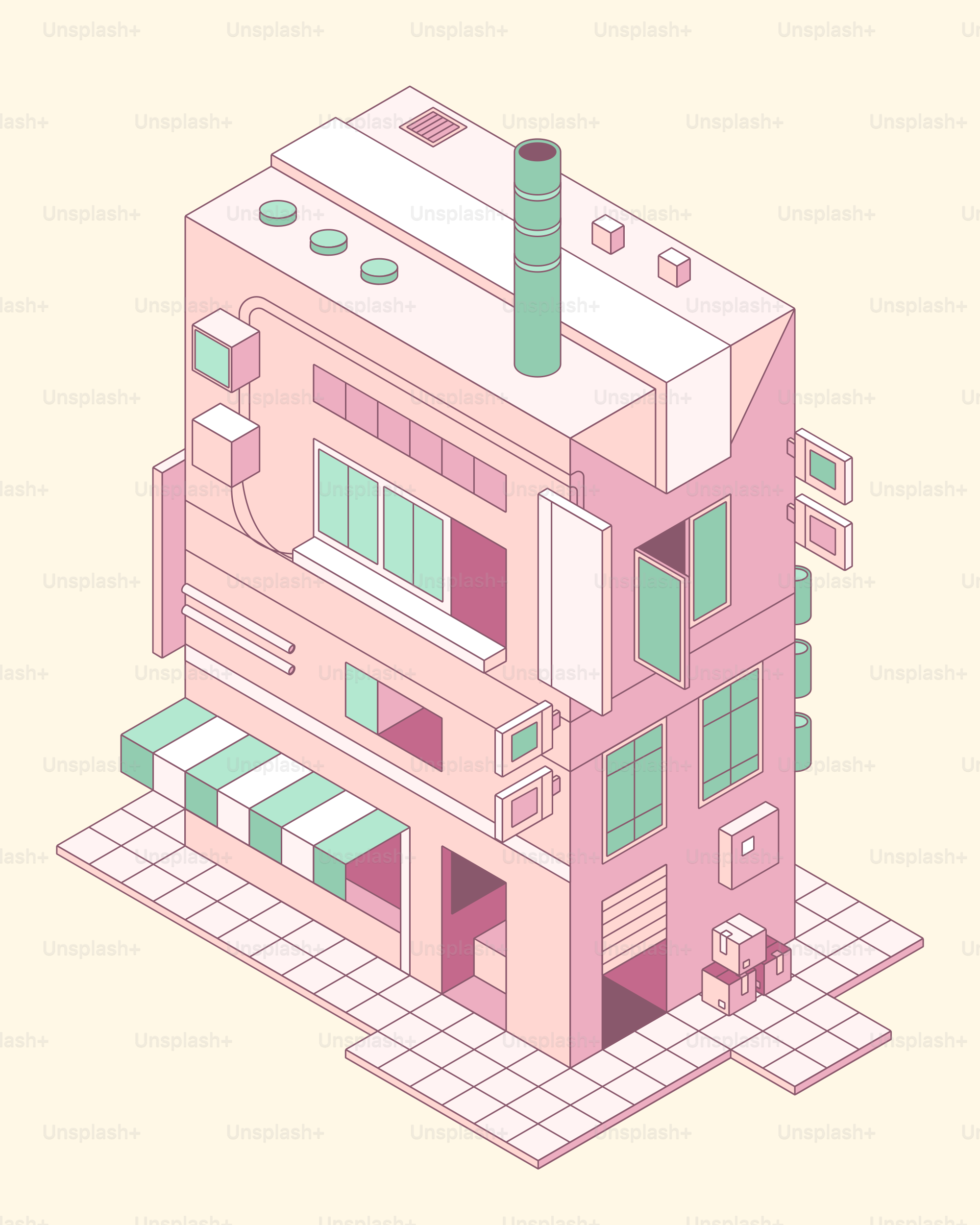 A pastel-colored building with isometric perspective.