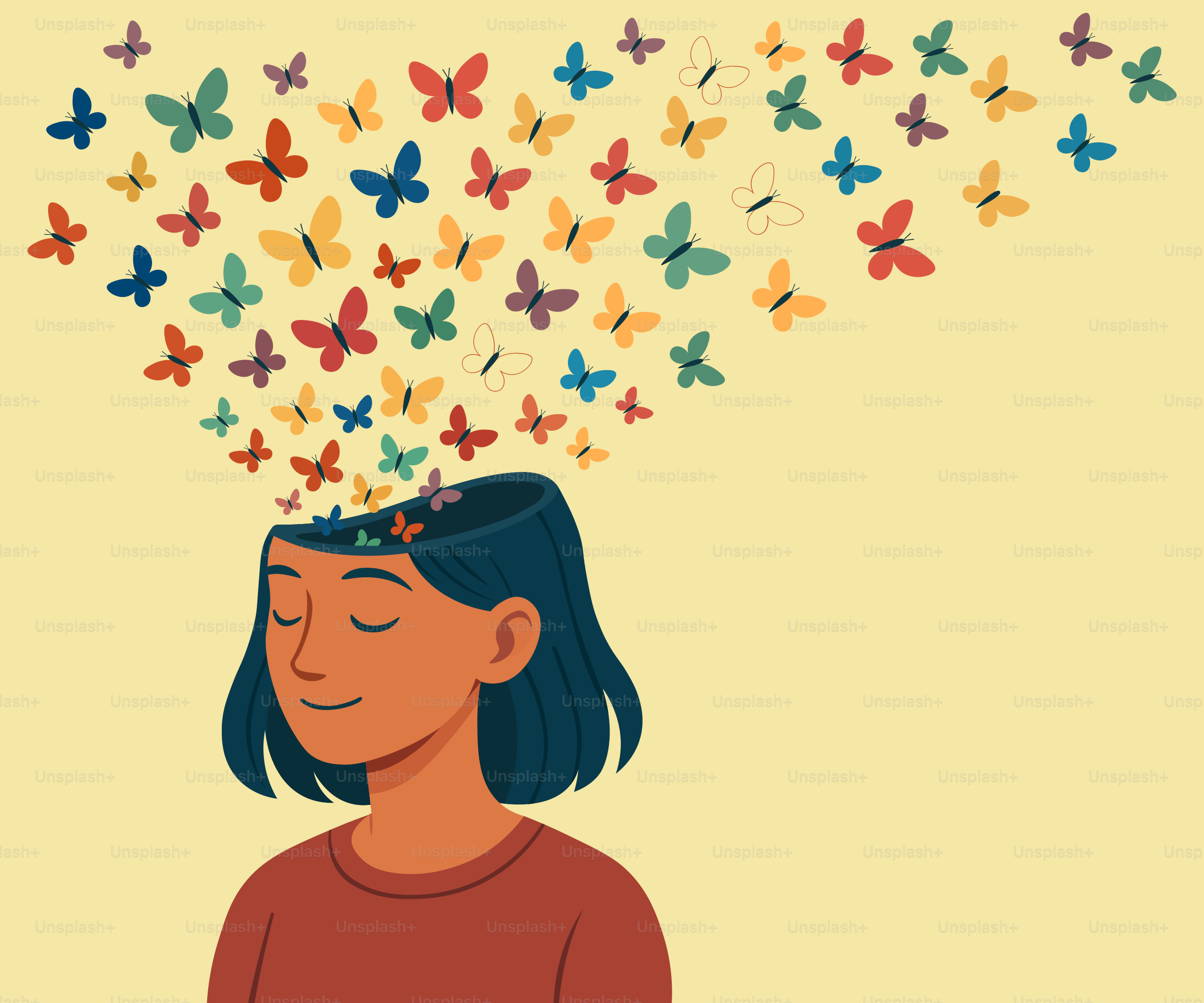 Butterflies erupt from a person's head.