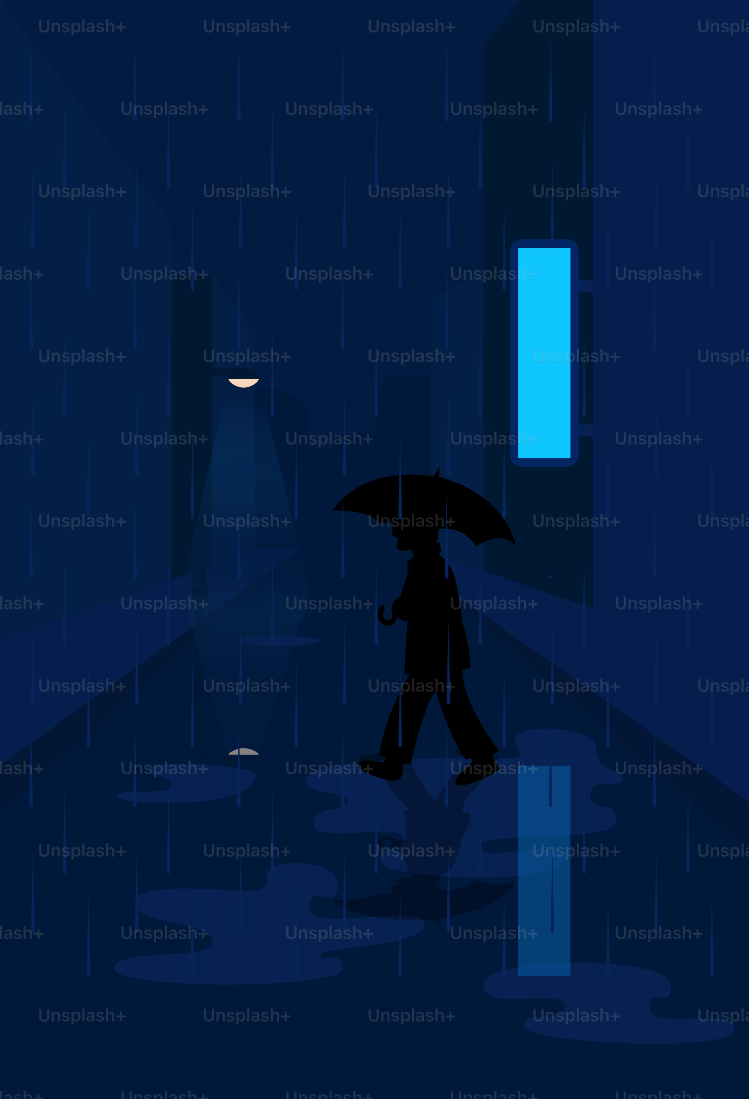 雨の中、傘をかぶって歩く人。
