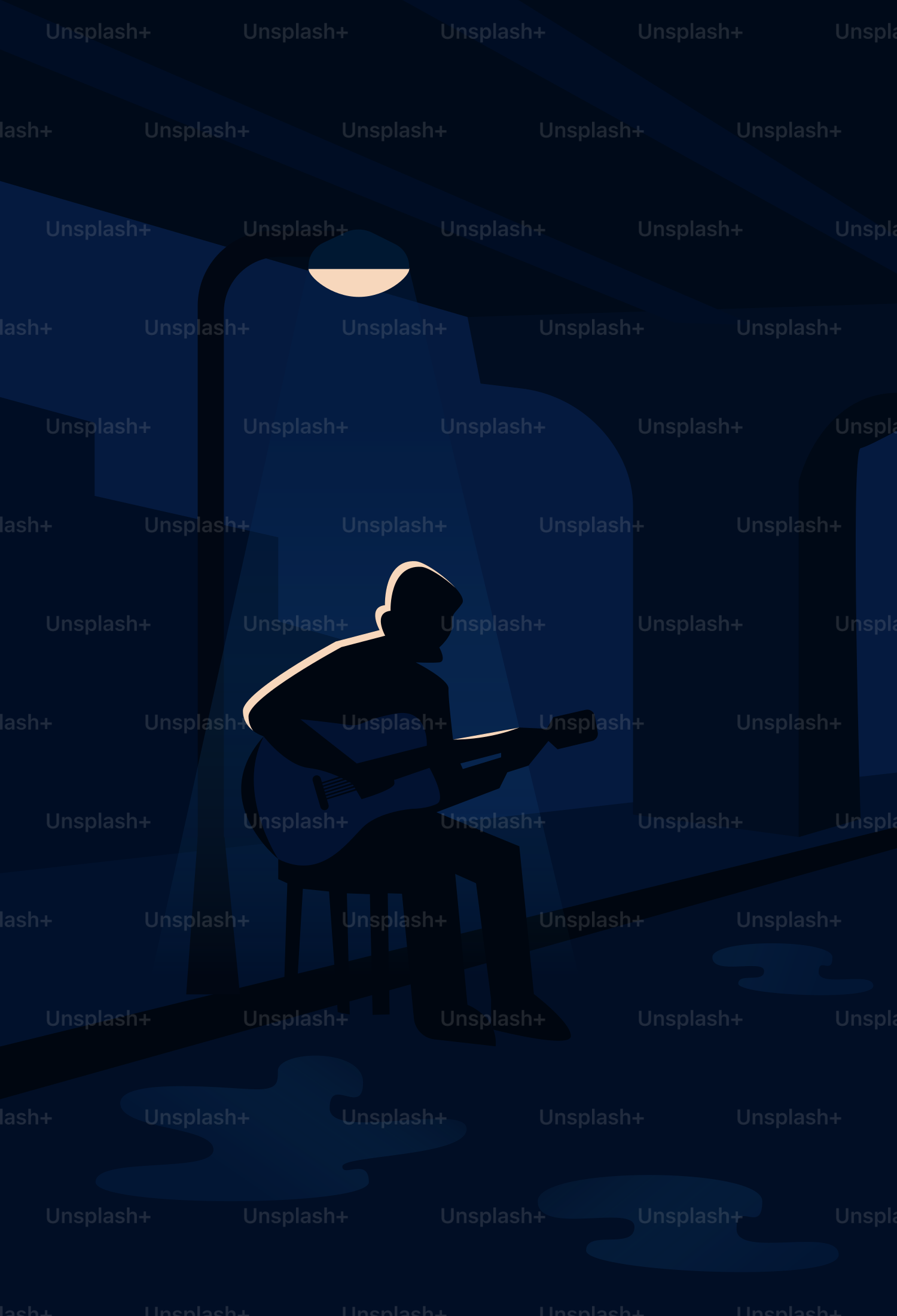 A guitarist plays under a night lamp.