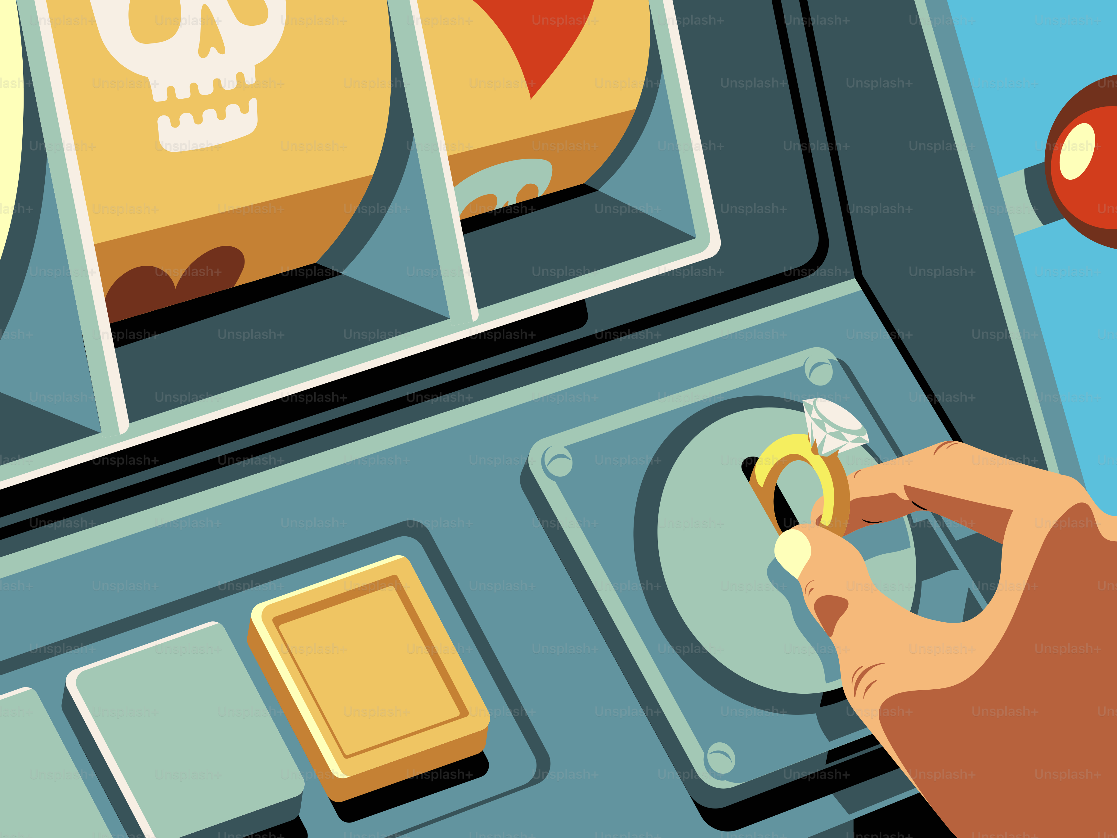 A person is putting a ring in the slot machine.