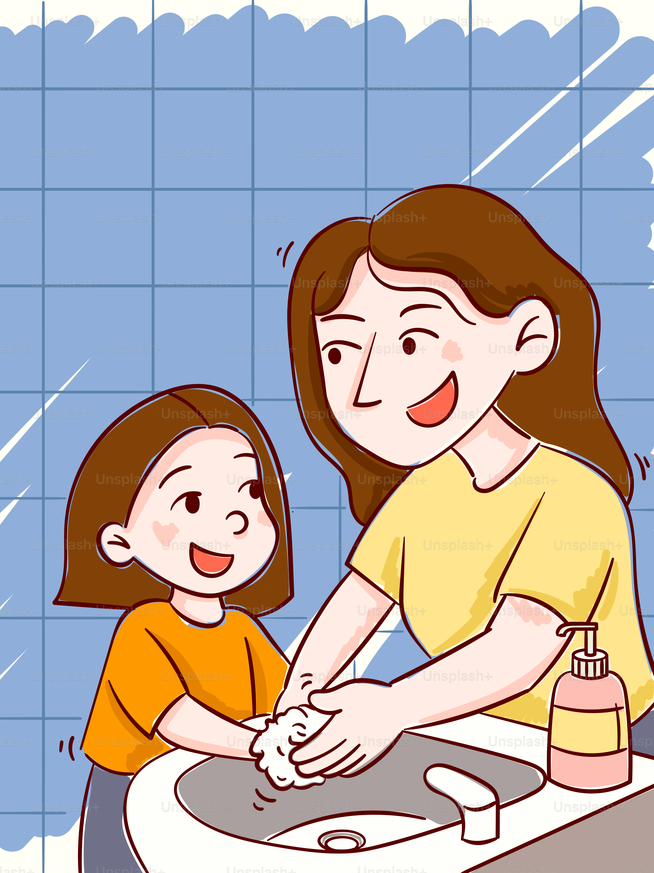 Mãe e filho lavam as mãos.