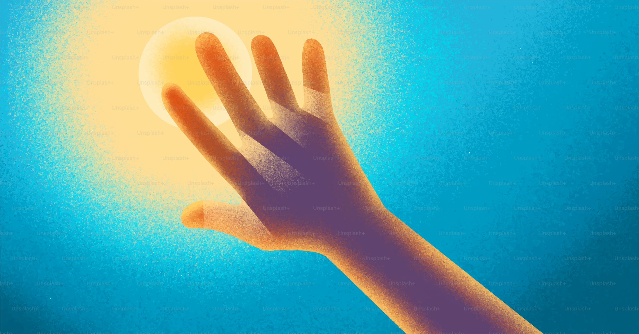 Eine Hand streckt sich nach der strahlenden Sonne aus.