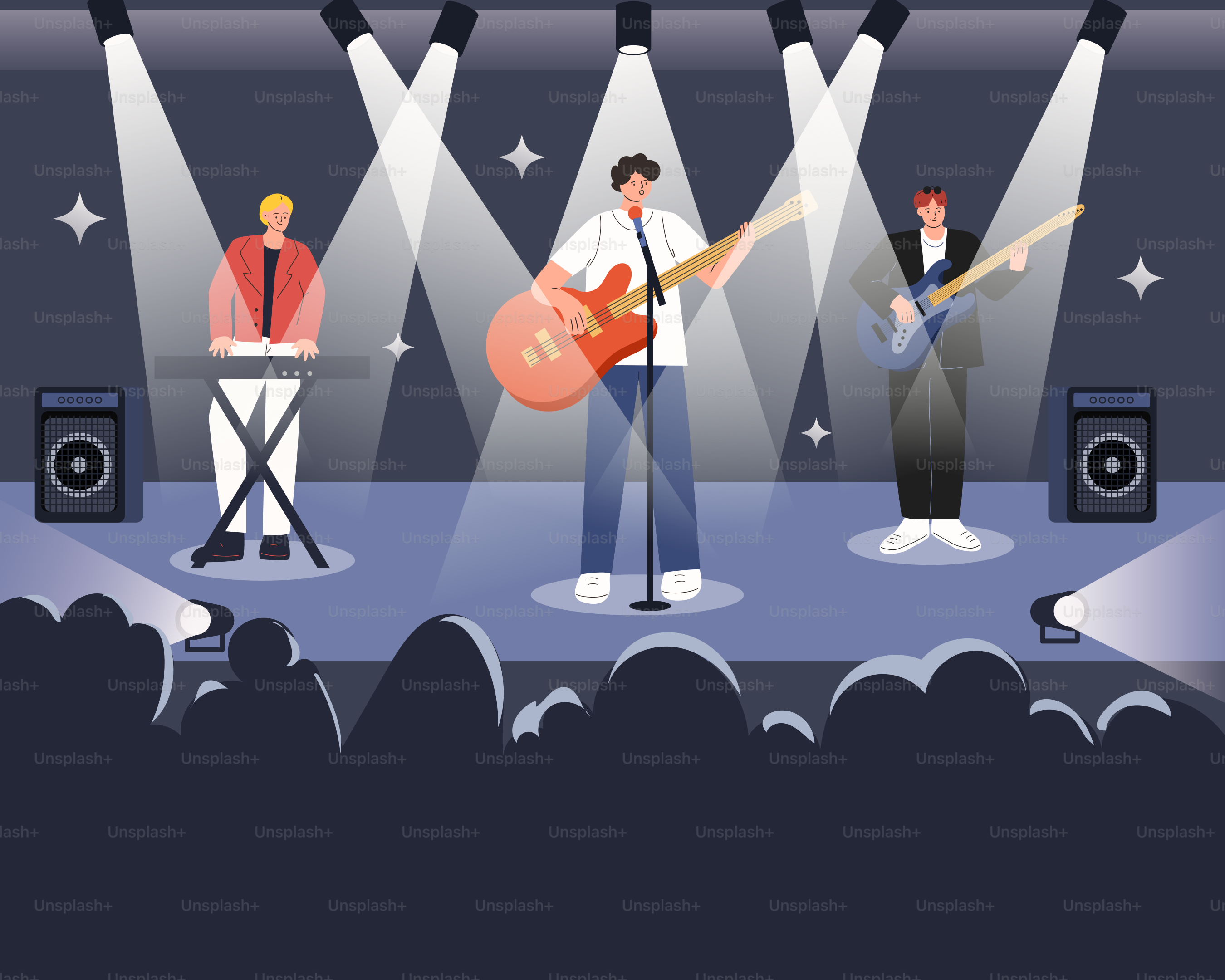 Eine Band tritt auf der Bühne unter hellem Licht auf.