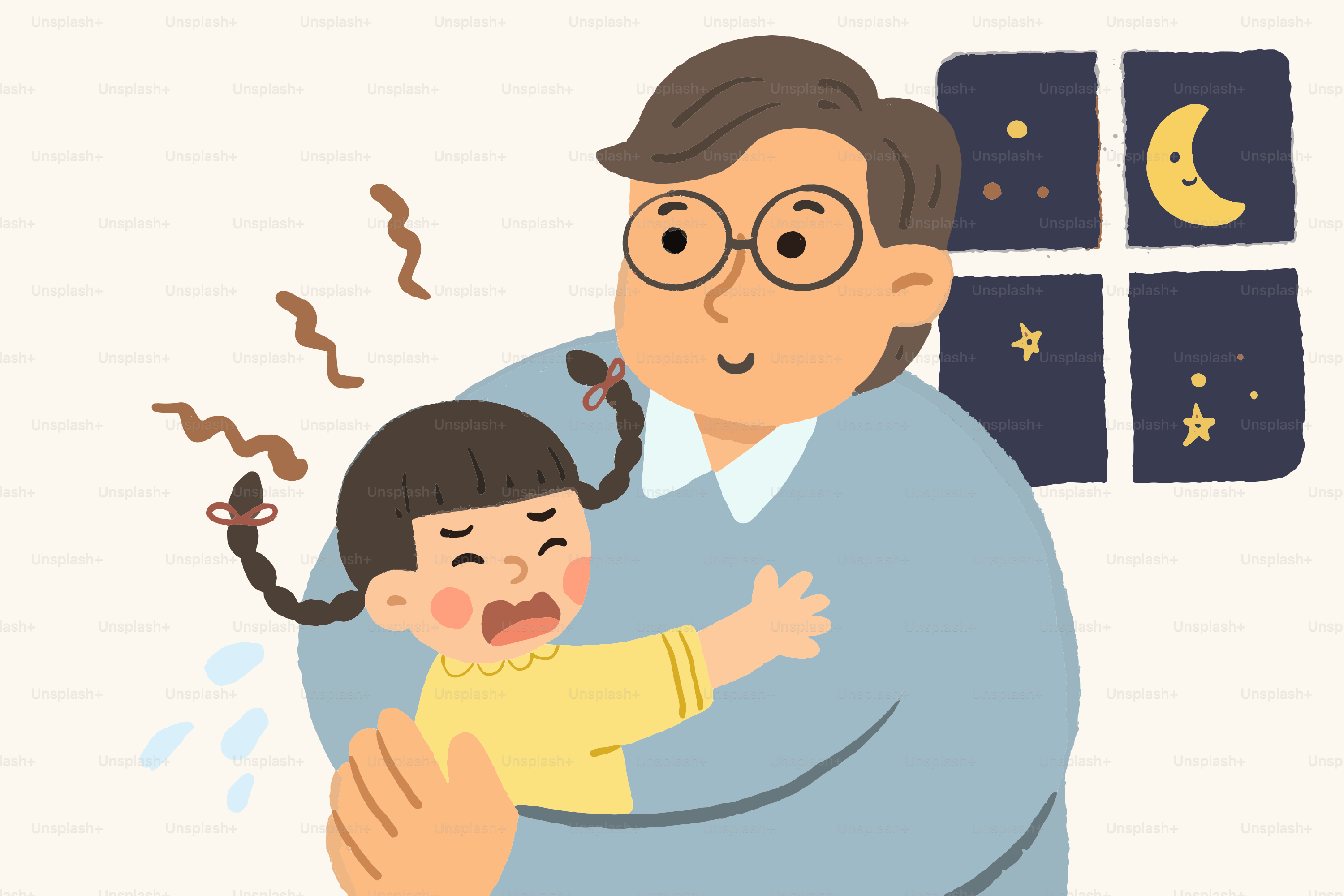 A father comforts his crying daughter at night.