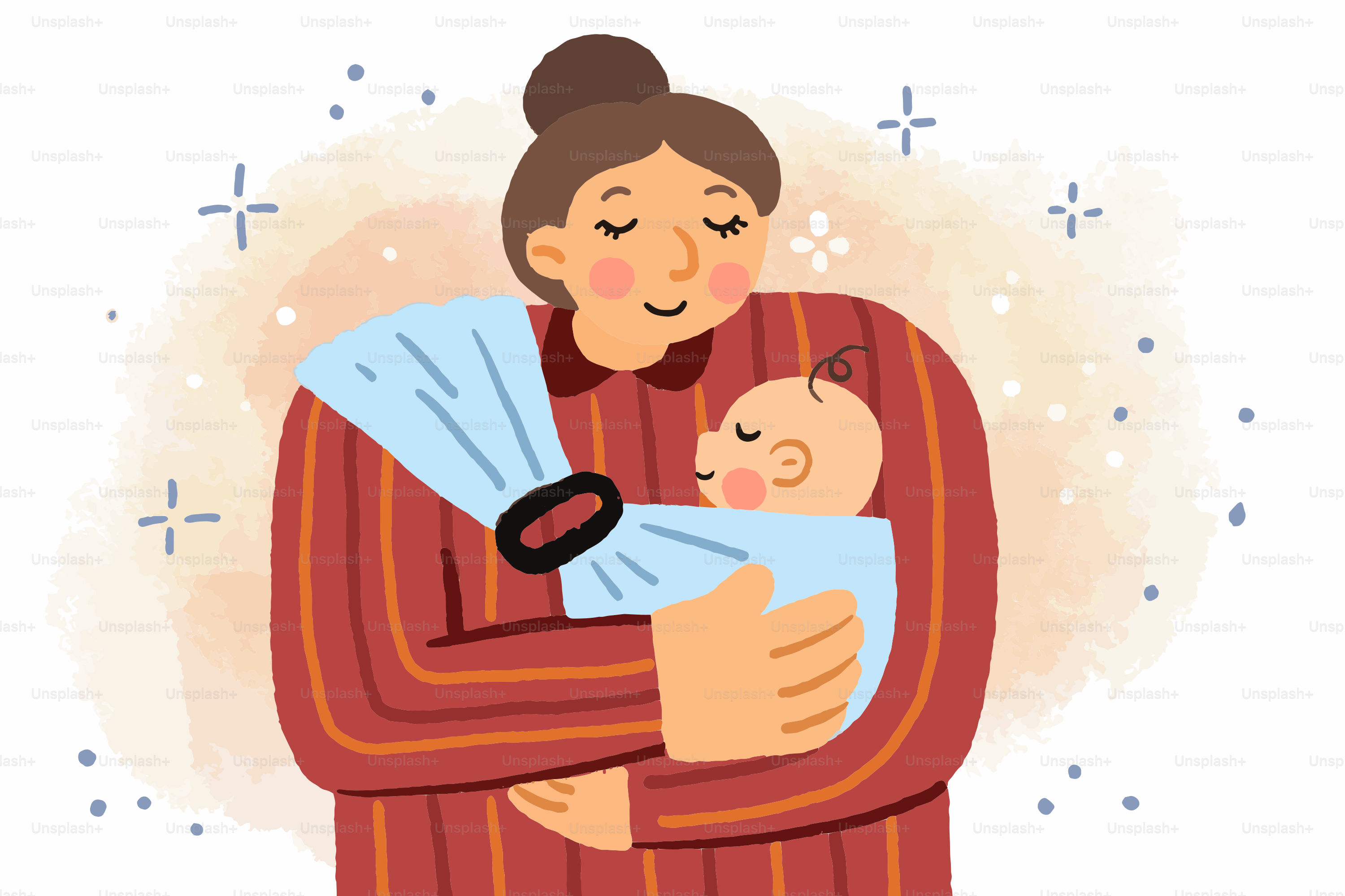 Mother gently cradles a baby in a carrier.