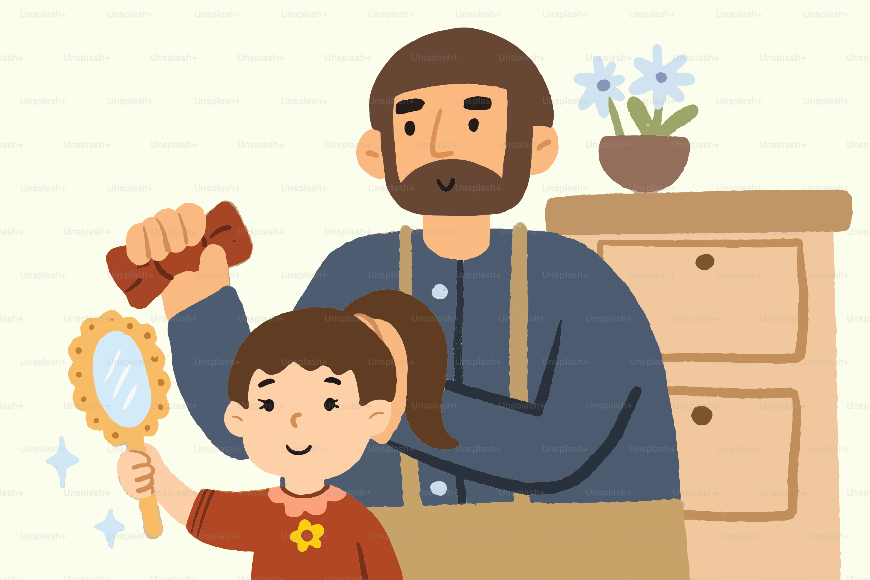 A father brushes his daughter's hair.