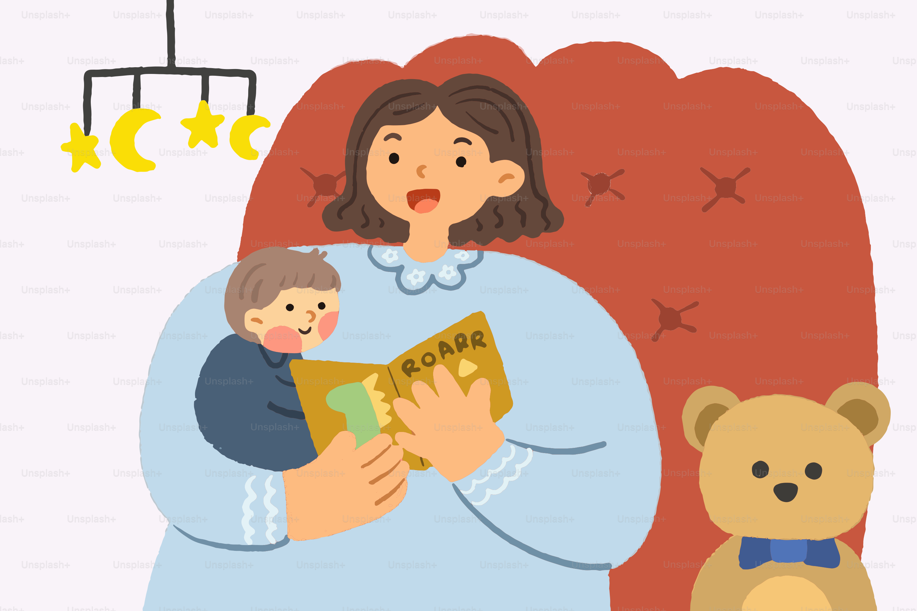 Mom reads a book to her baby.