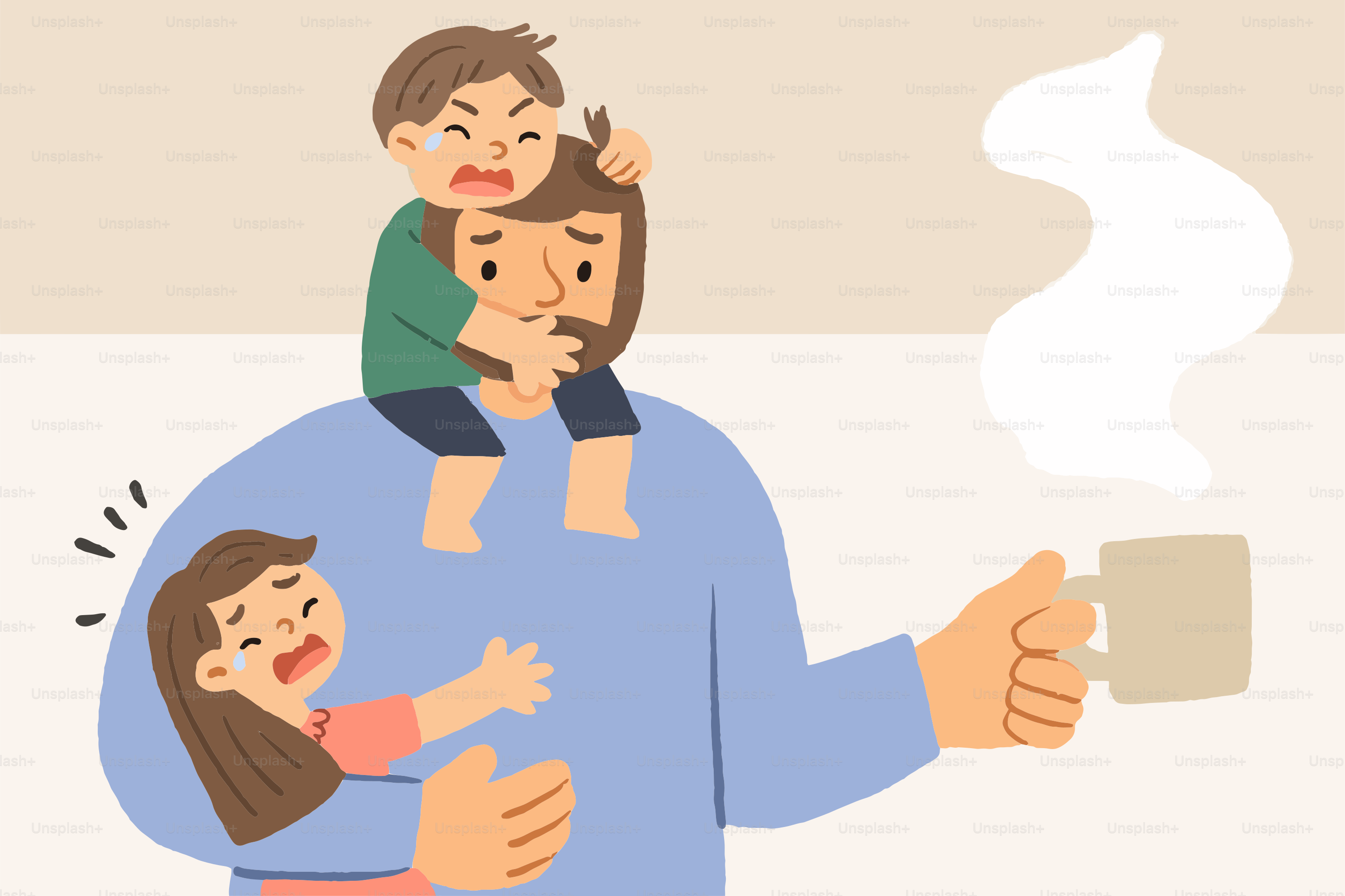 Dad tries to enjoy his coffee with two crying children.