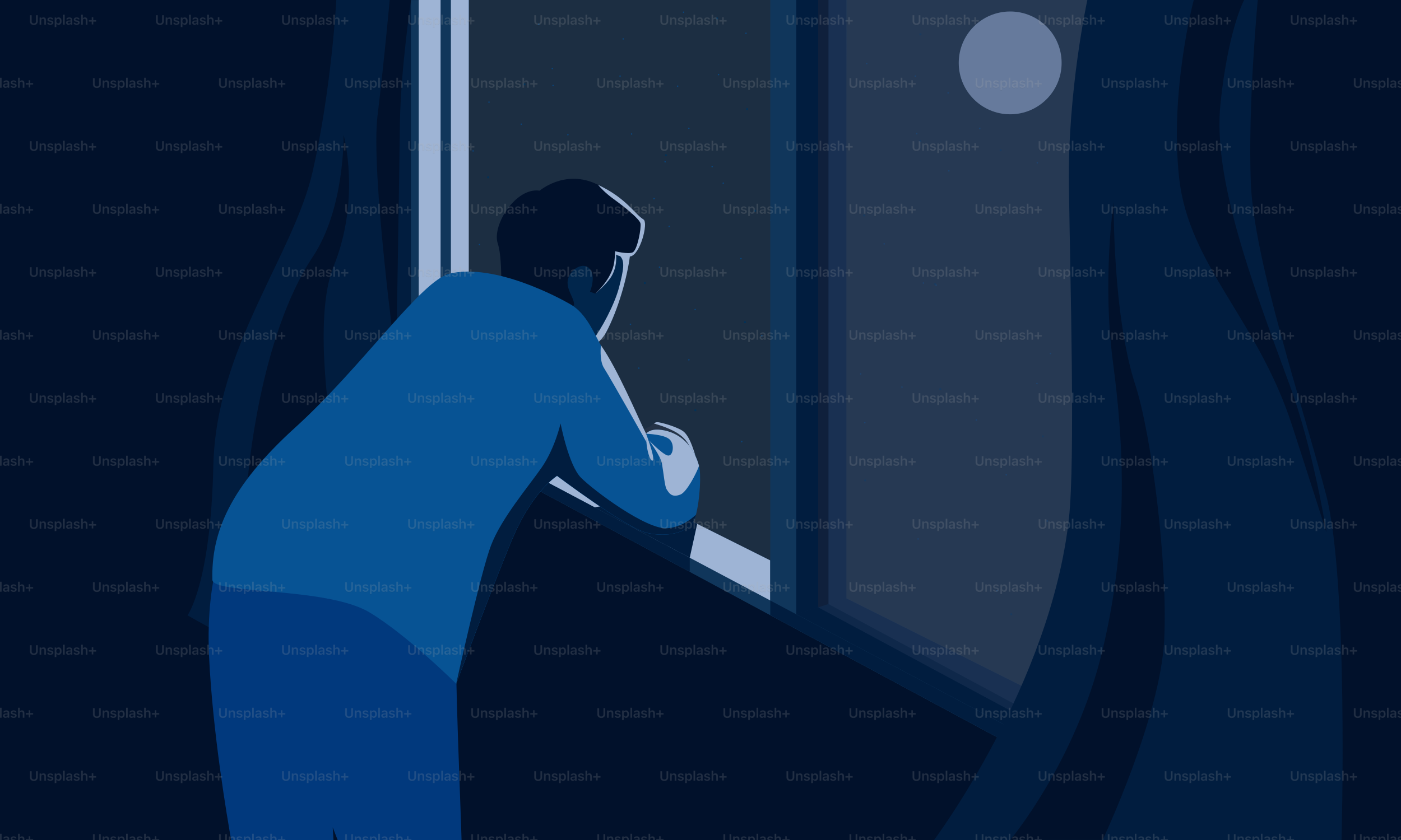 A man looks out a window at the moon.