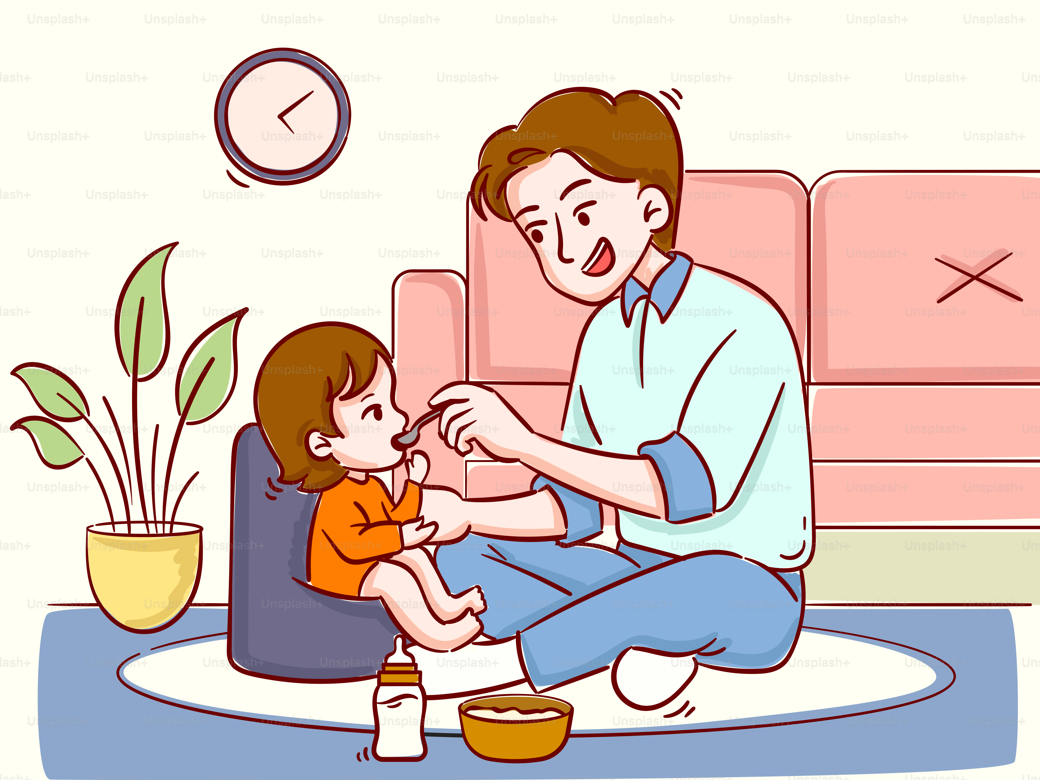 父親がスプーンで子供に食事を与えます。