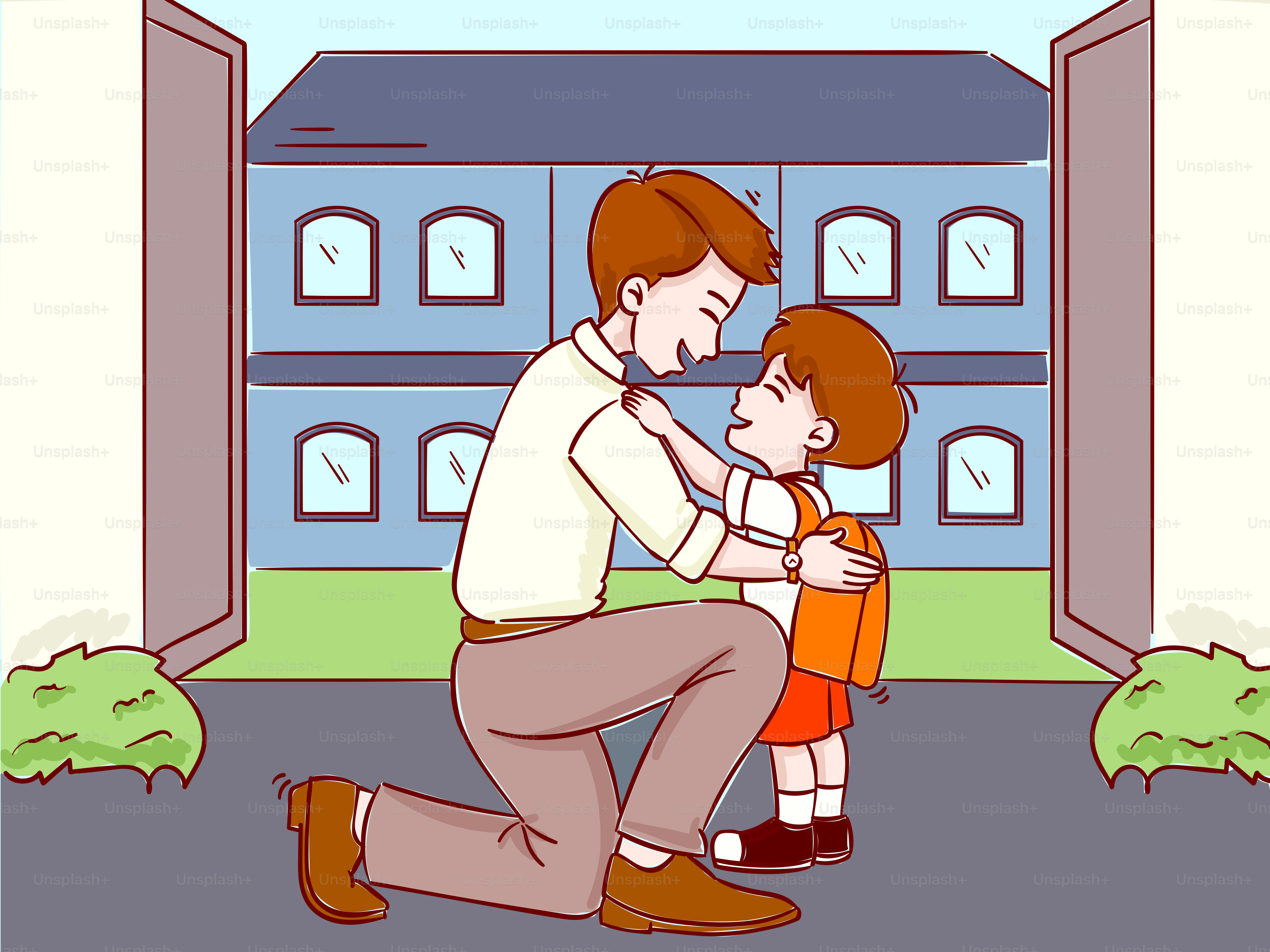 A father hugs his child before going to school.