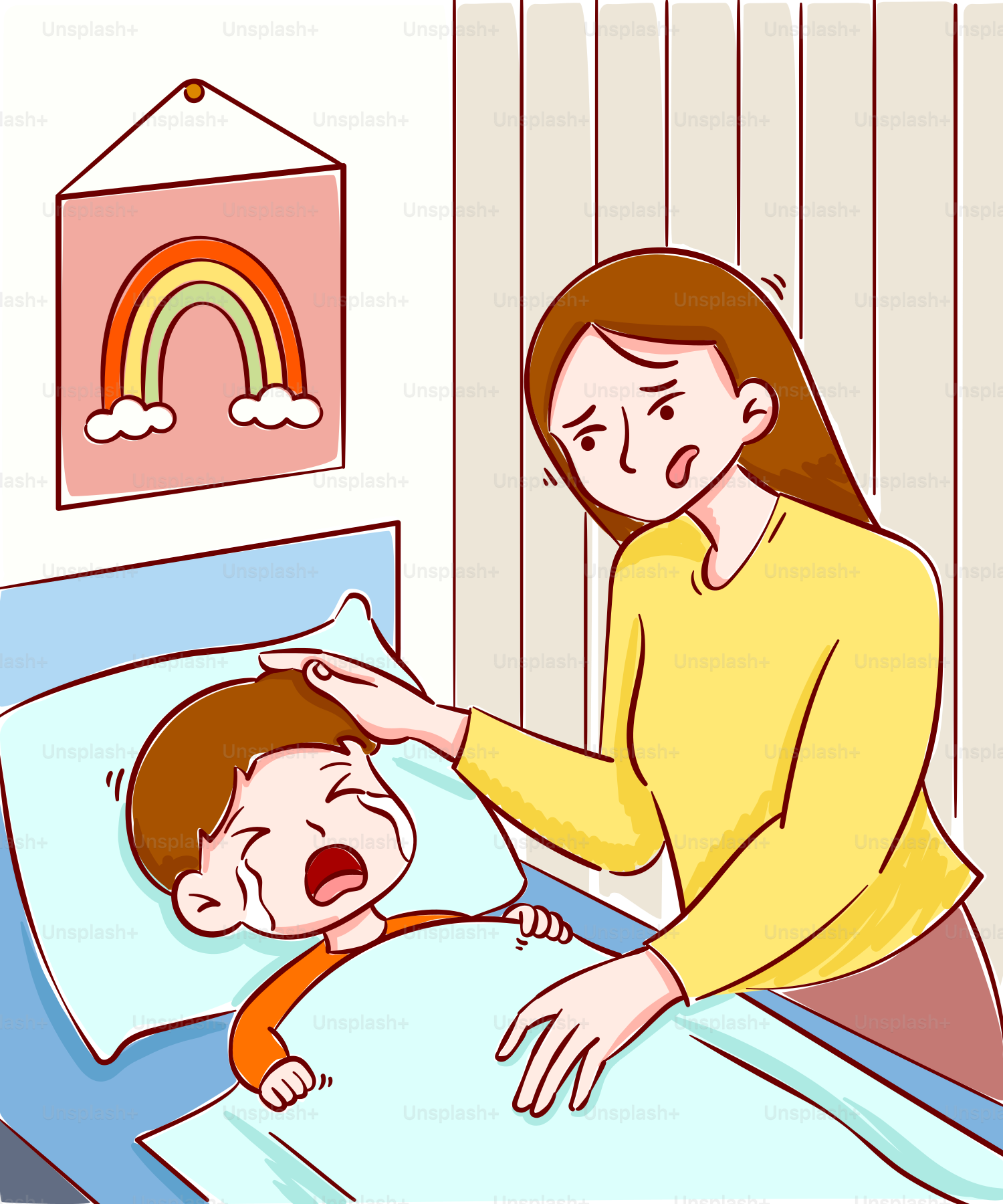 Une mère réconforte son enfant malade et pleurant dans son lit. vectoriel –  Image de Enfance sur Unsplash, image size:3000x3600