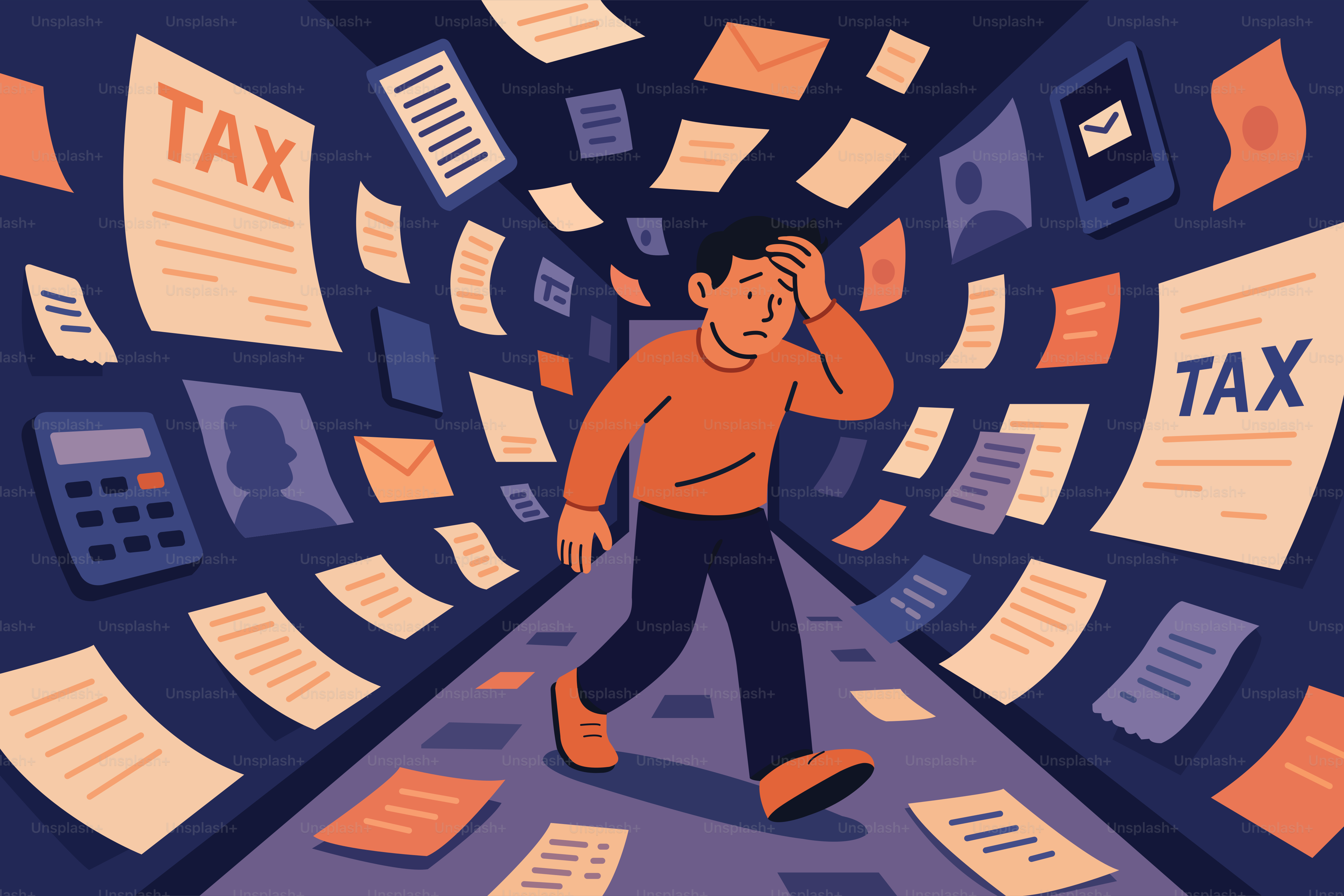 Overwhelmed person surrounded by documents and tax forms.