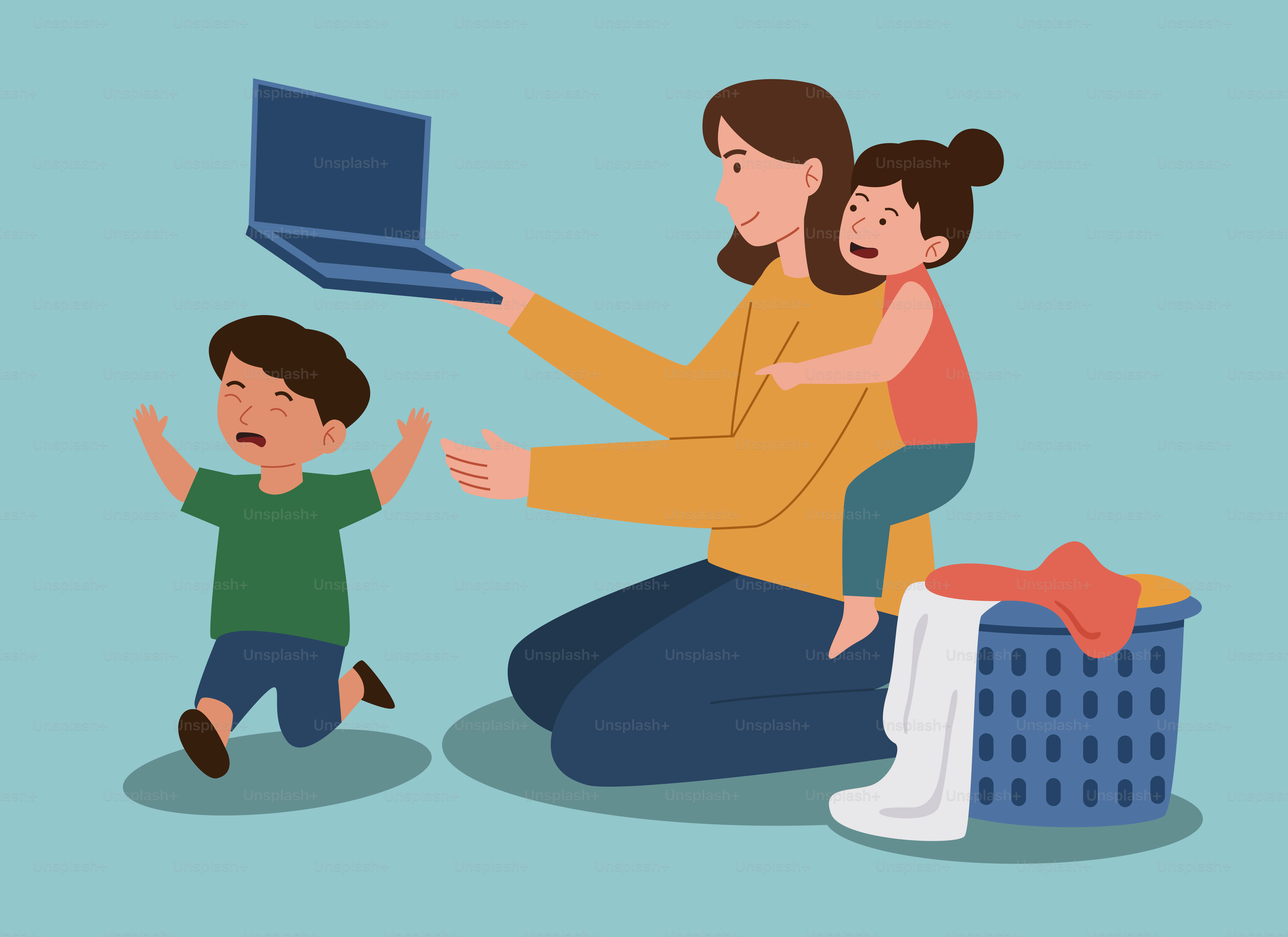 Mother works from home while being with her kids.