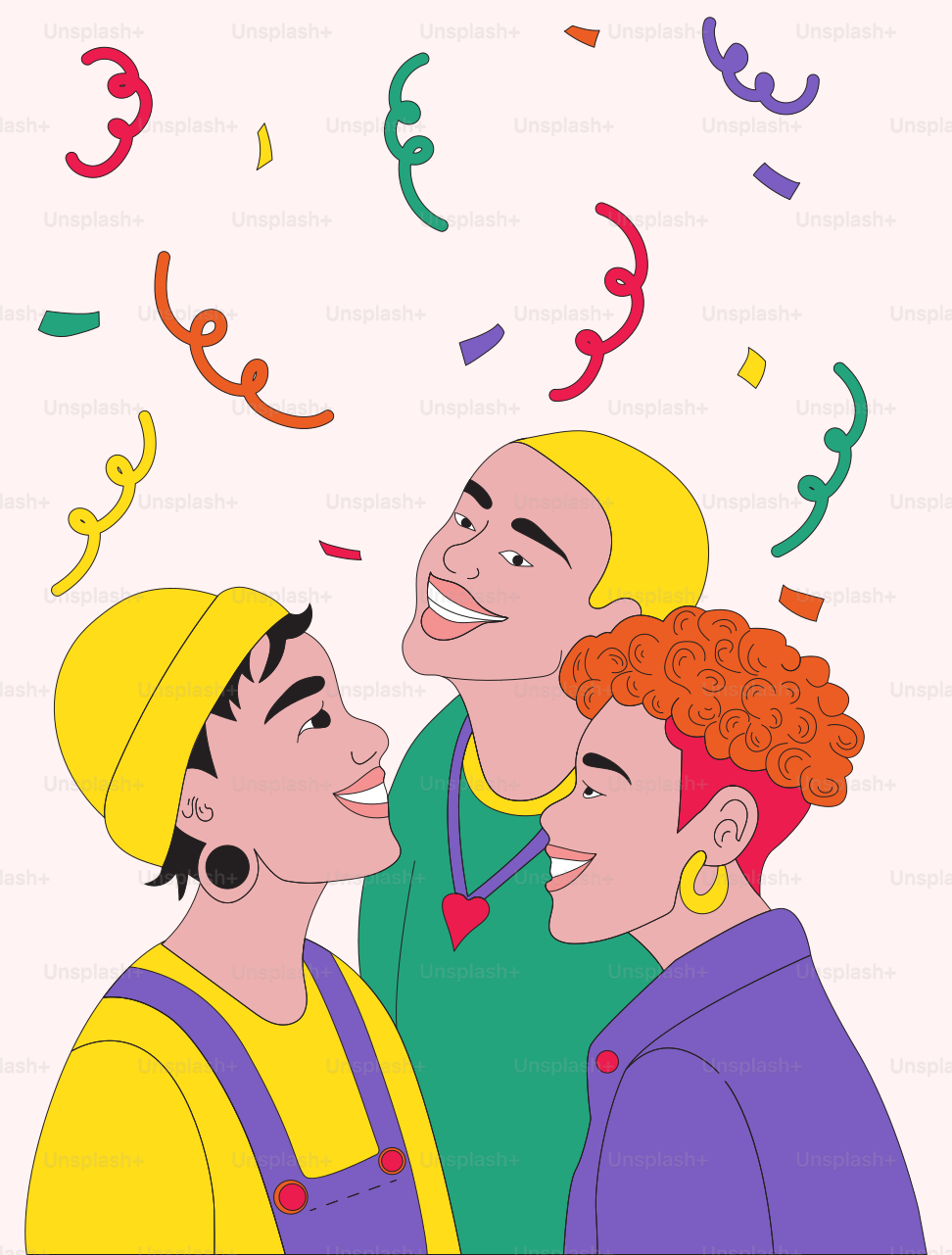 Three friends celebrate with confetti, smiling.