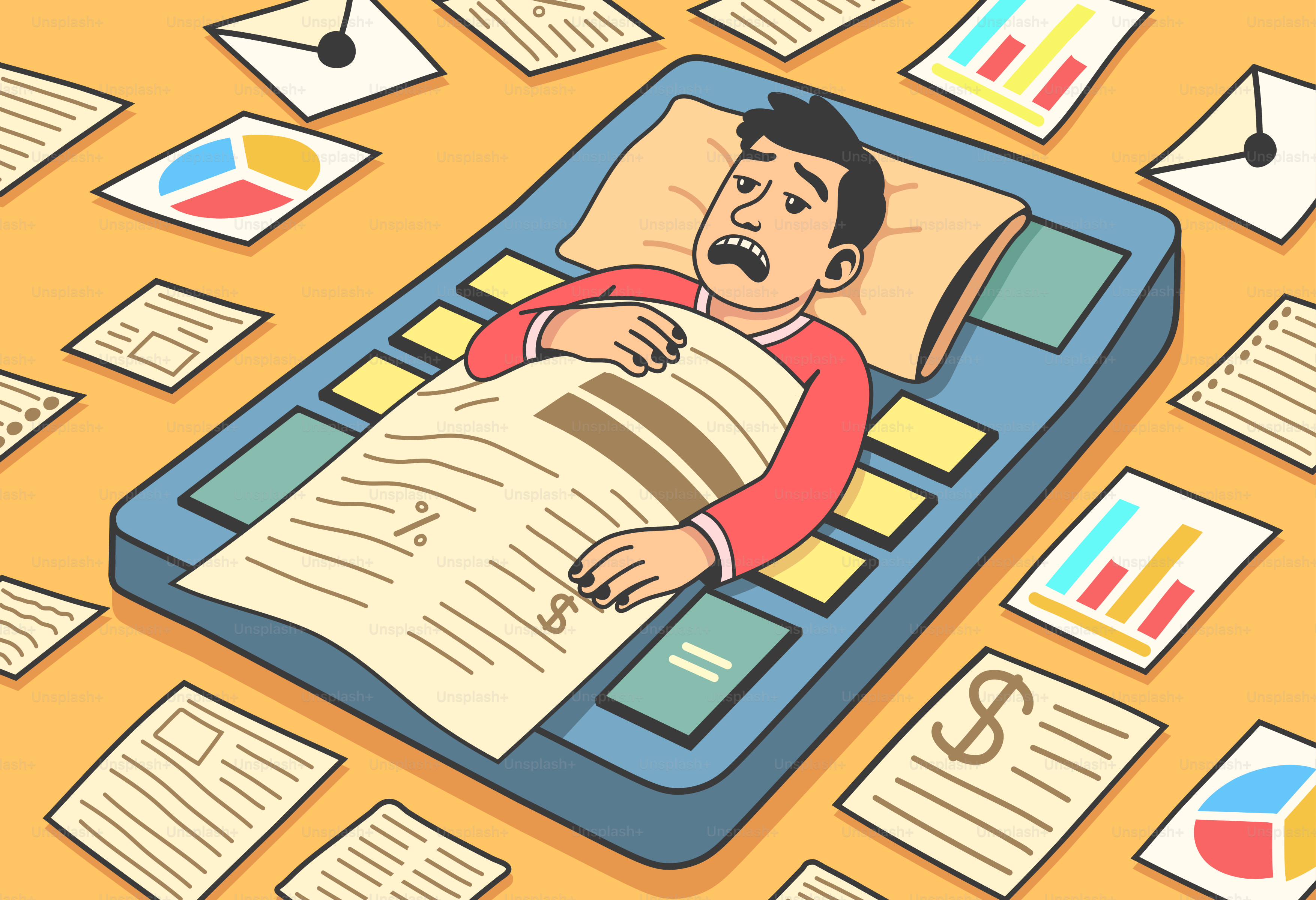 Man is overwhelmed by paperwork and finance.