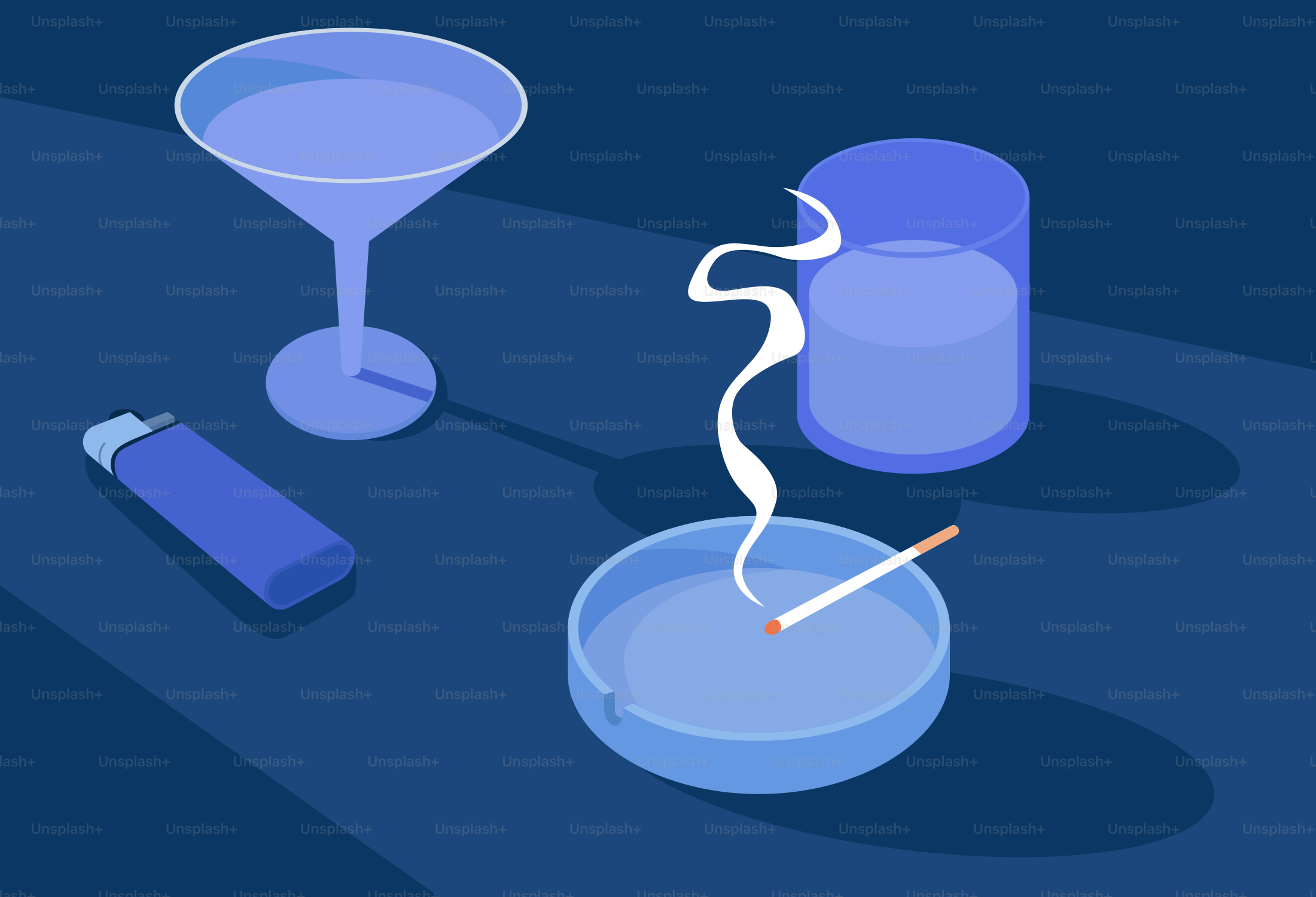 Cocktails, smoking, and drinking in dim lighting.