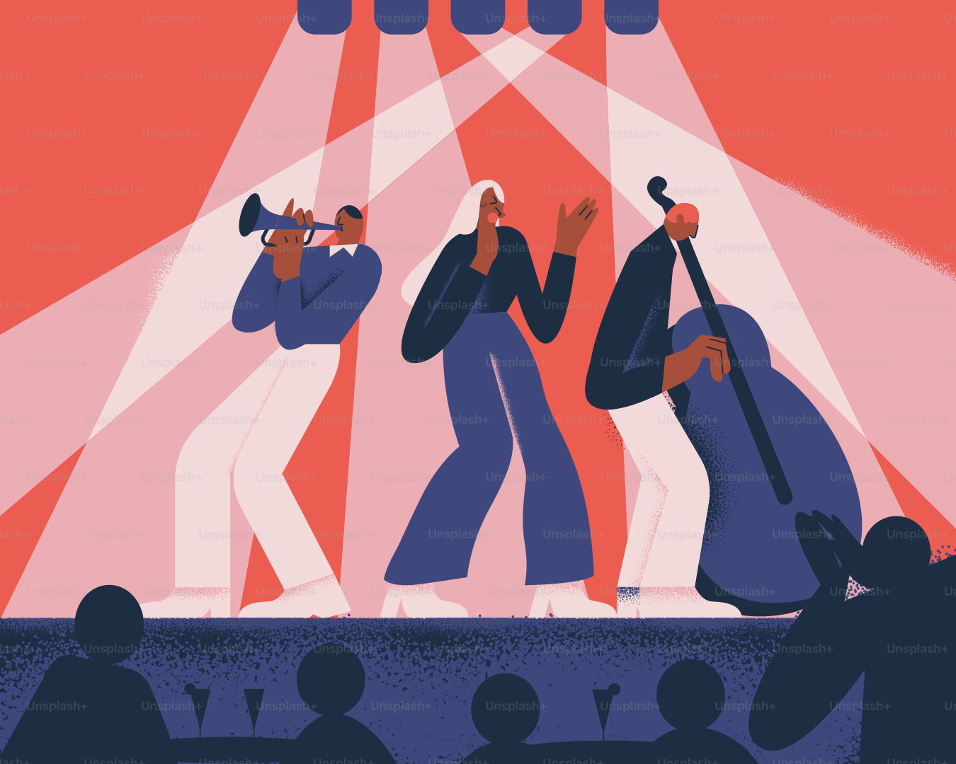 Eine Jazzband spielt auf der Bühne unter Scheinwerfern.