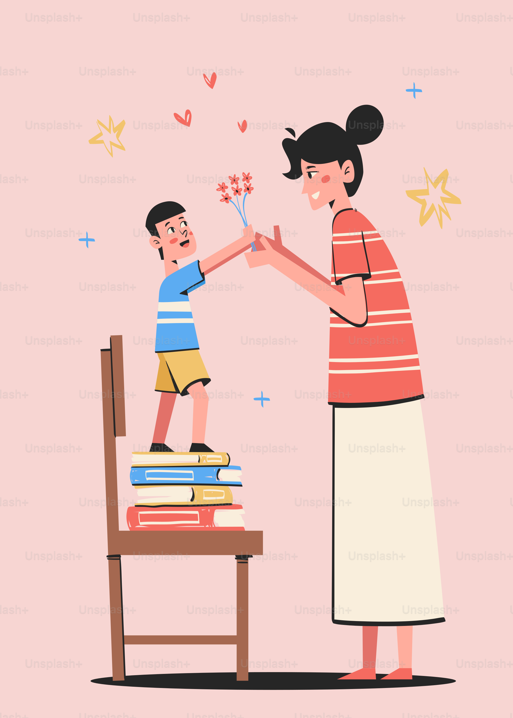 A son presents flowers to his mother.