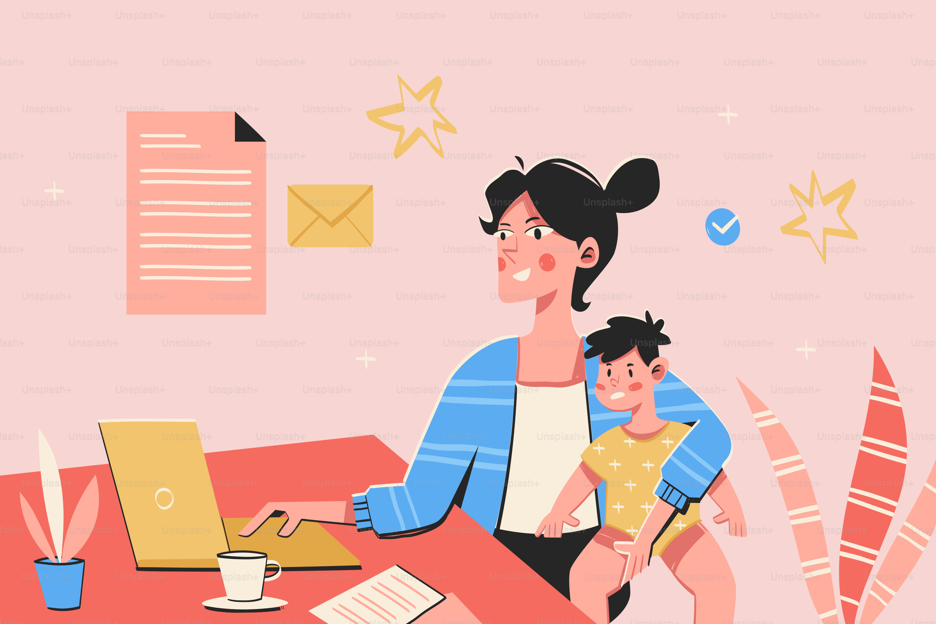 Mother works from home with child.