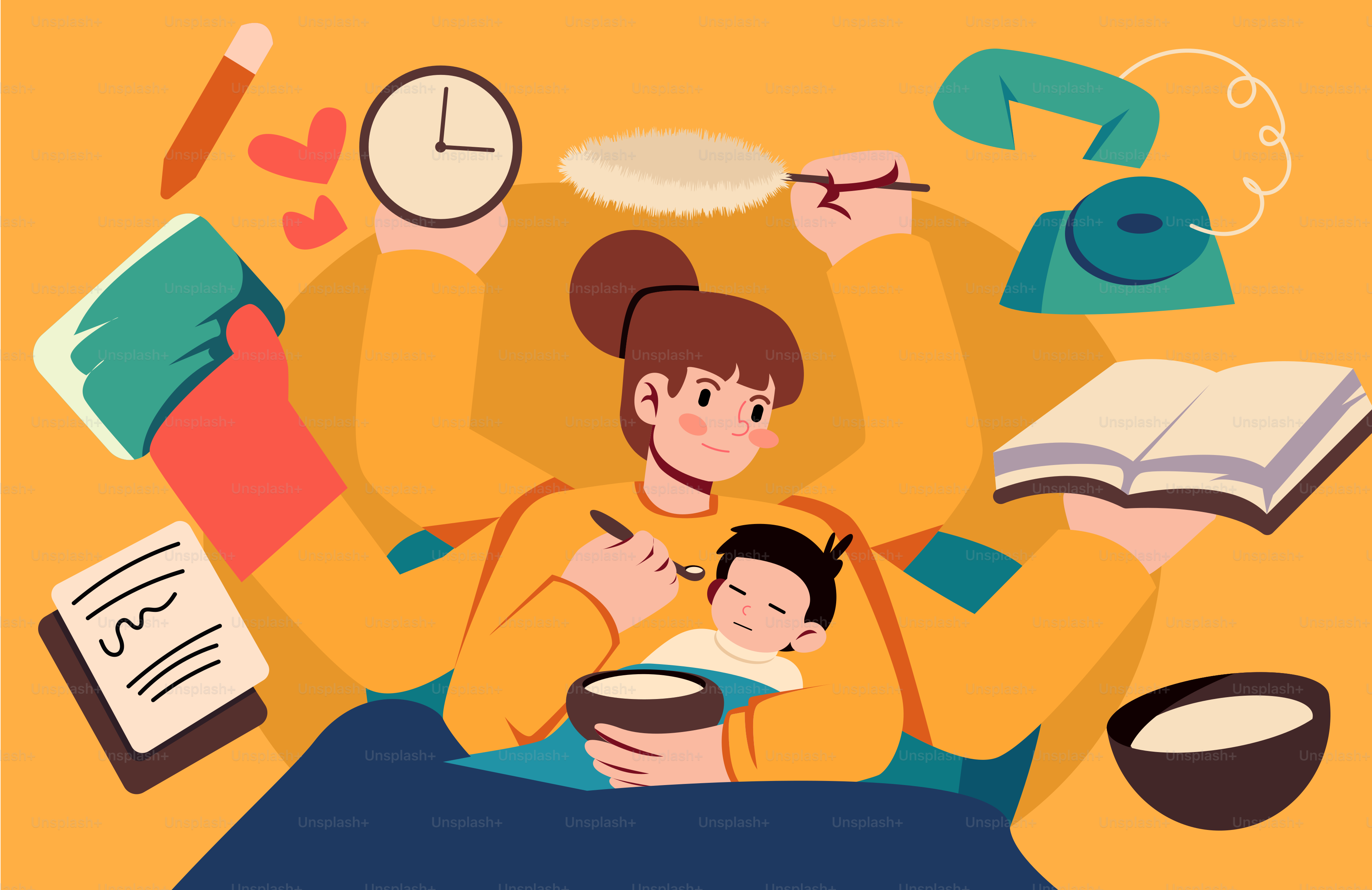 A mother multitasks while taking care of everything.