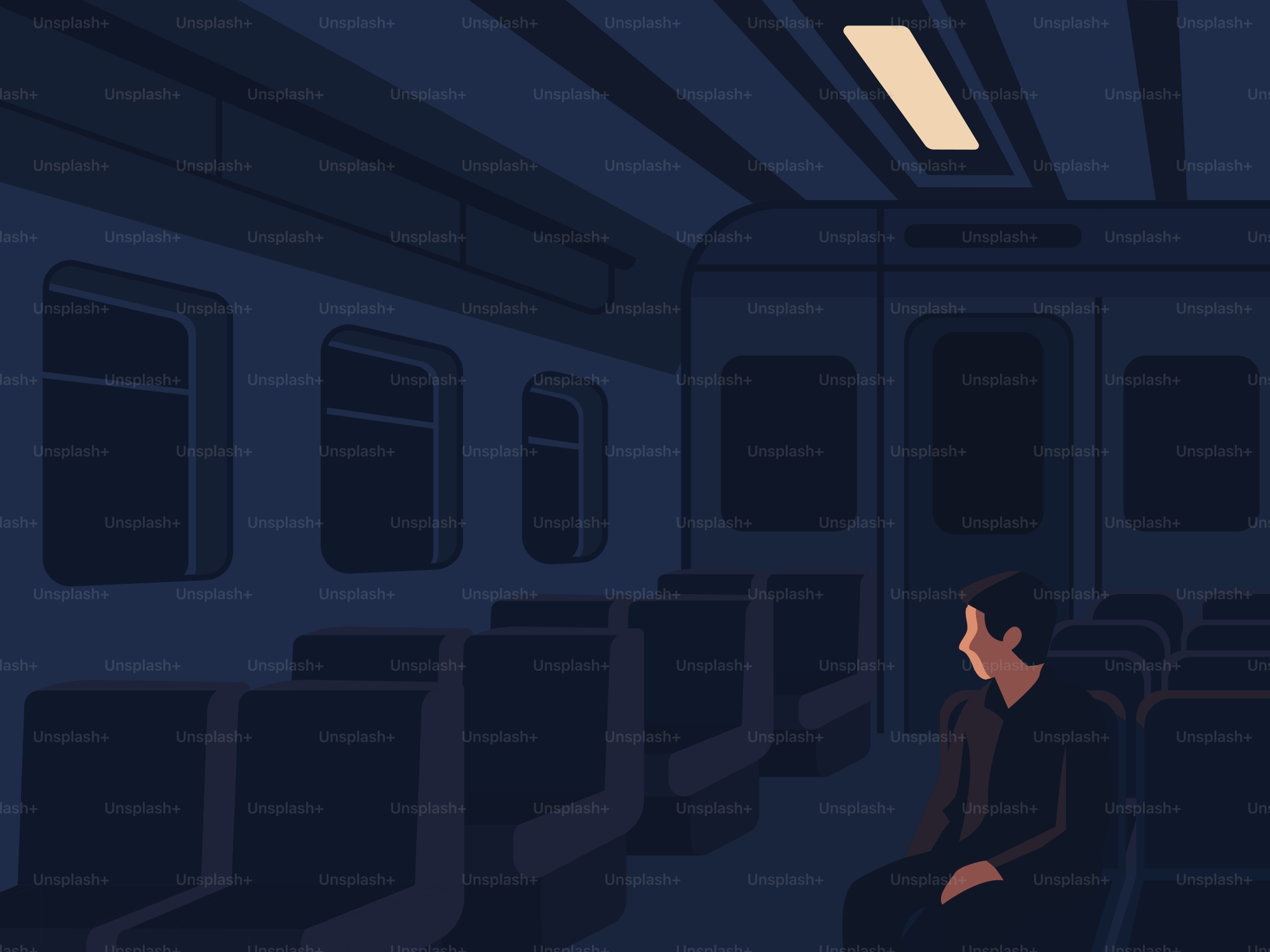 Eine einzelne Gestalt sitzt in einem leeren Zug.