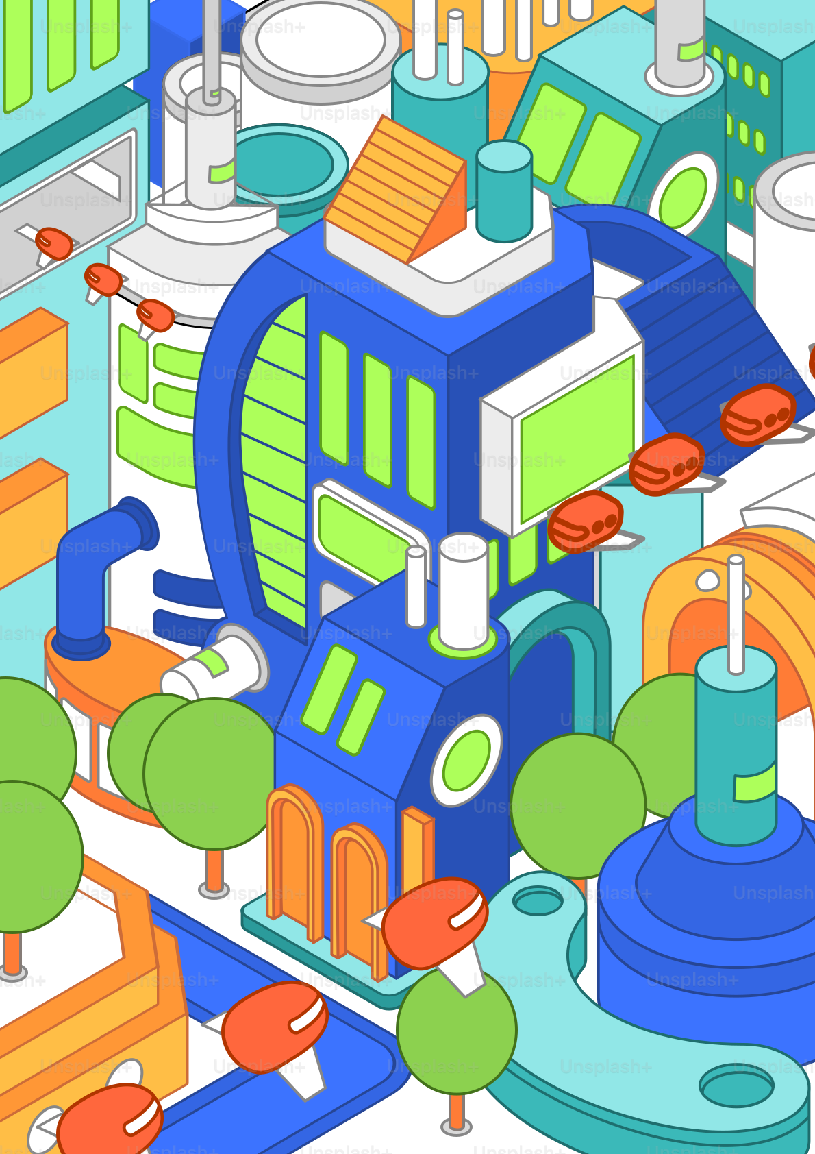 Colorful, futuristic city with robots and buildings.