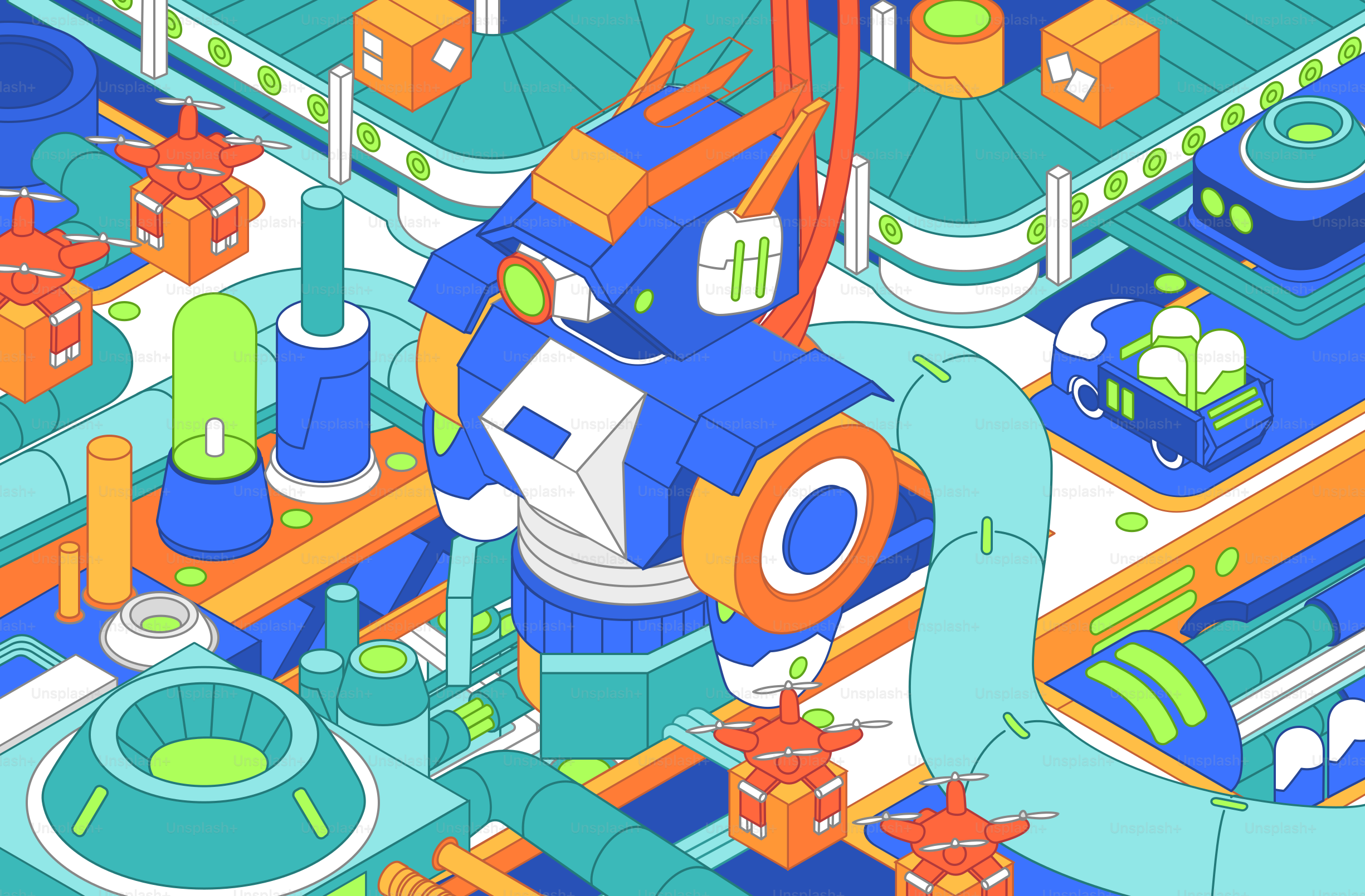 Ein Roboter steht inmitten einer industriellen Umgebung.