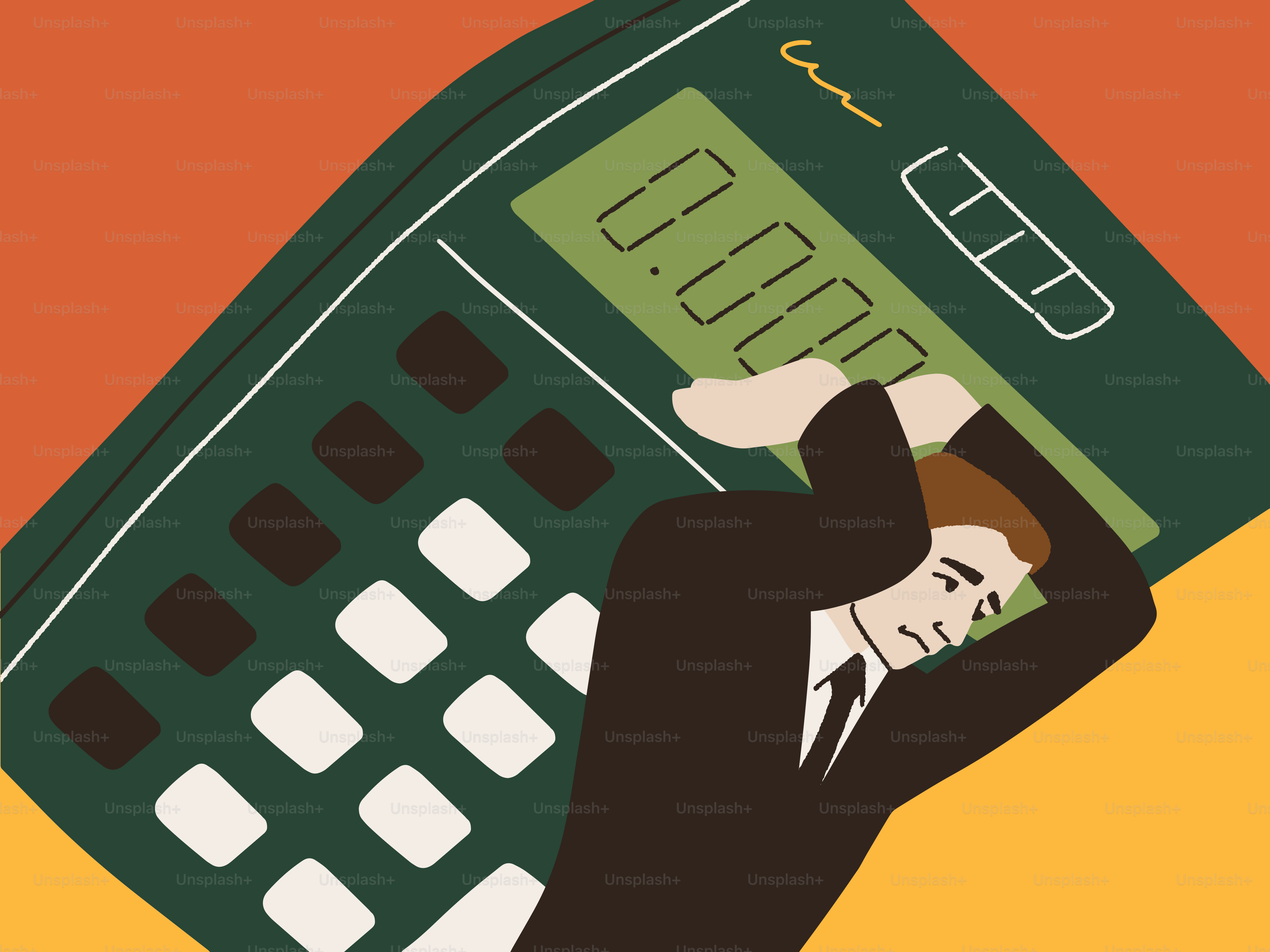 Der Mensch kämpft darum, das Gewicht eines riesigen Taschenrechners zu tragen.