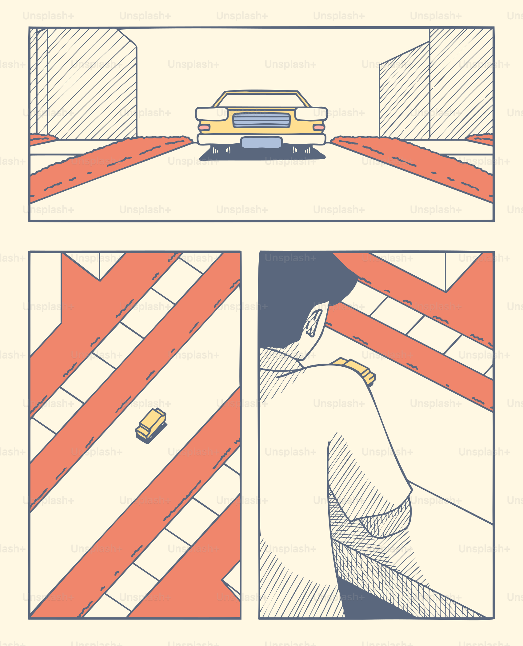 A car drives on a road and a man watches.