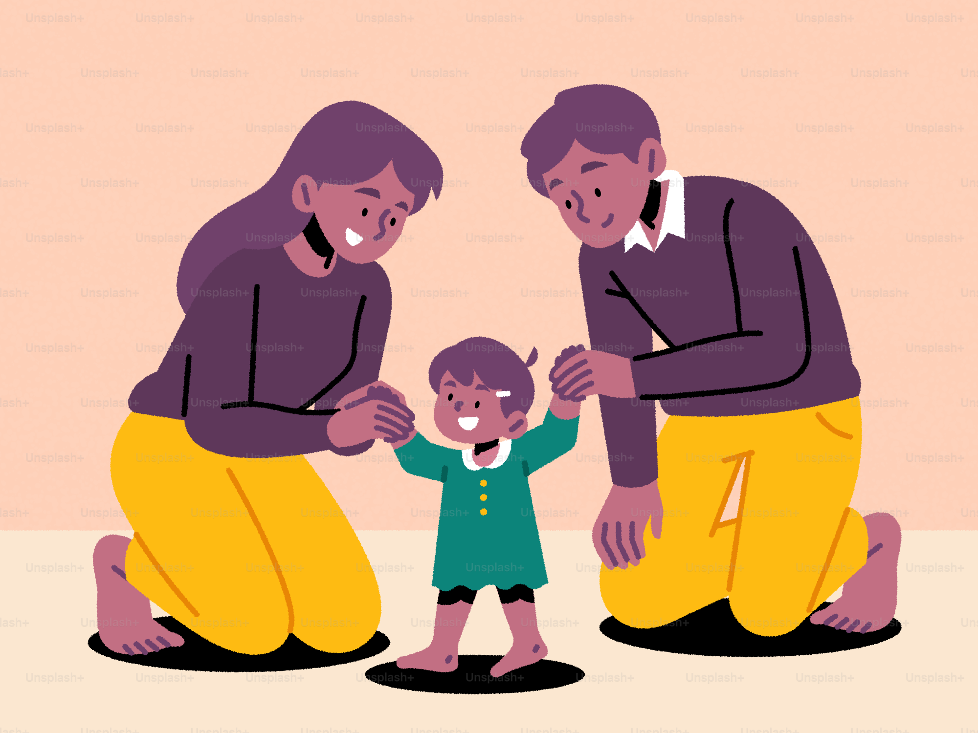 Parents help their child take their first steps.