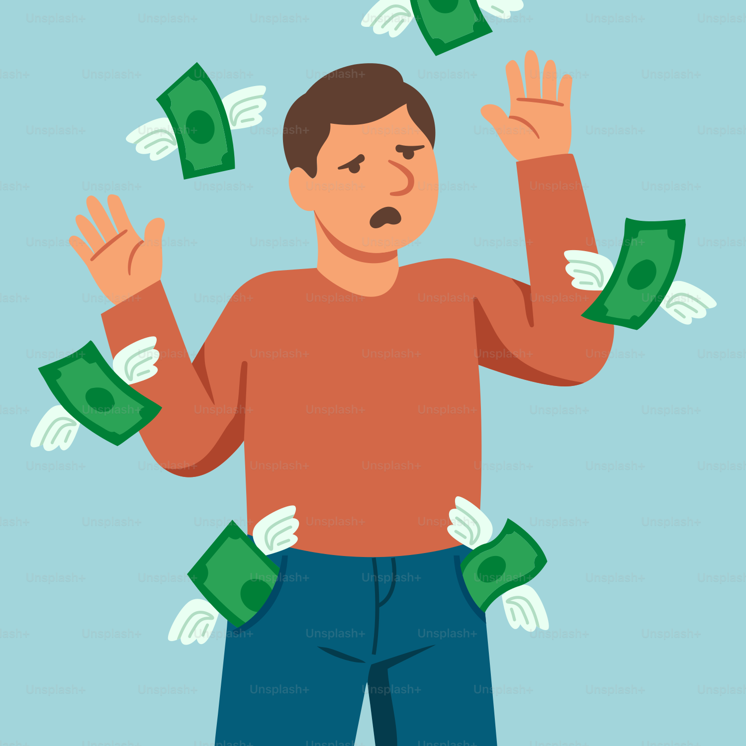 I soldi volano via da un uomo preoccupato.