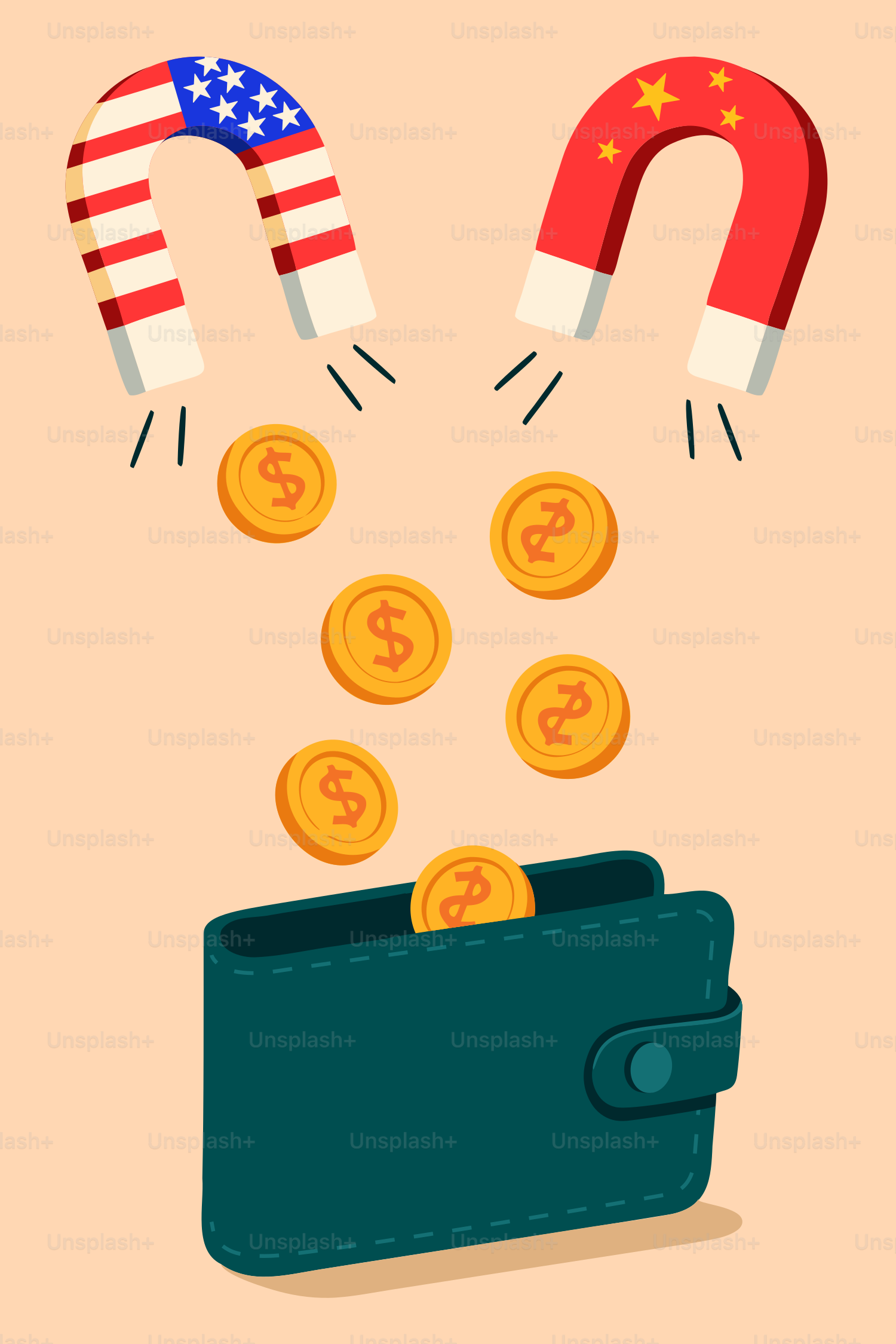 Die USA und China ziehen Geld in ein Portemonnaie.