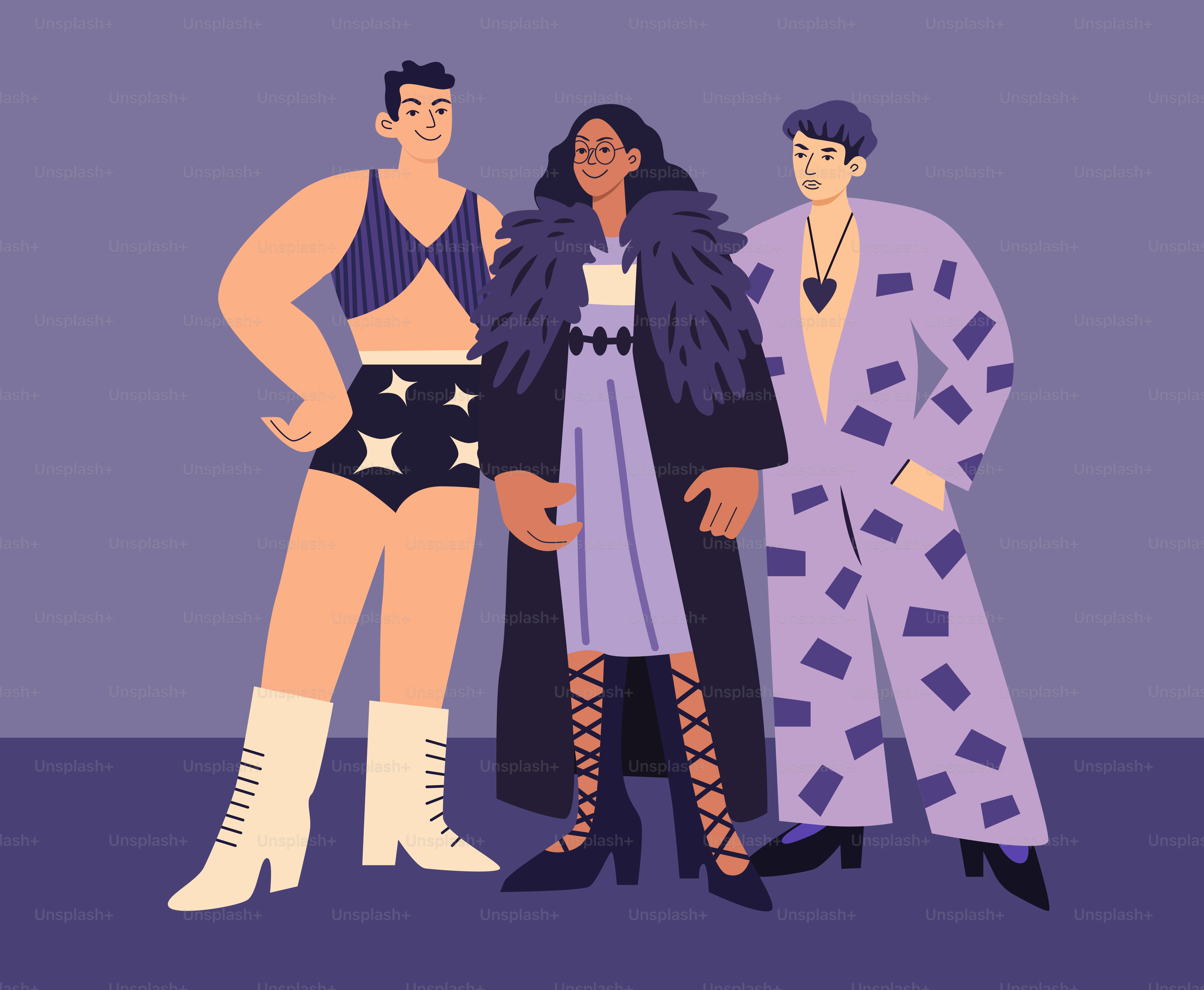 Fashionably dressed people pose confidently together.