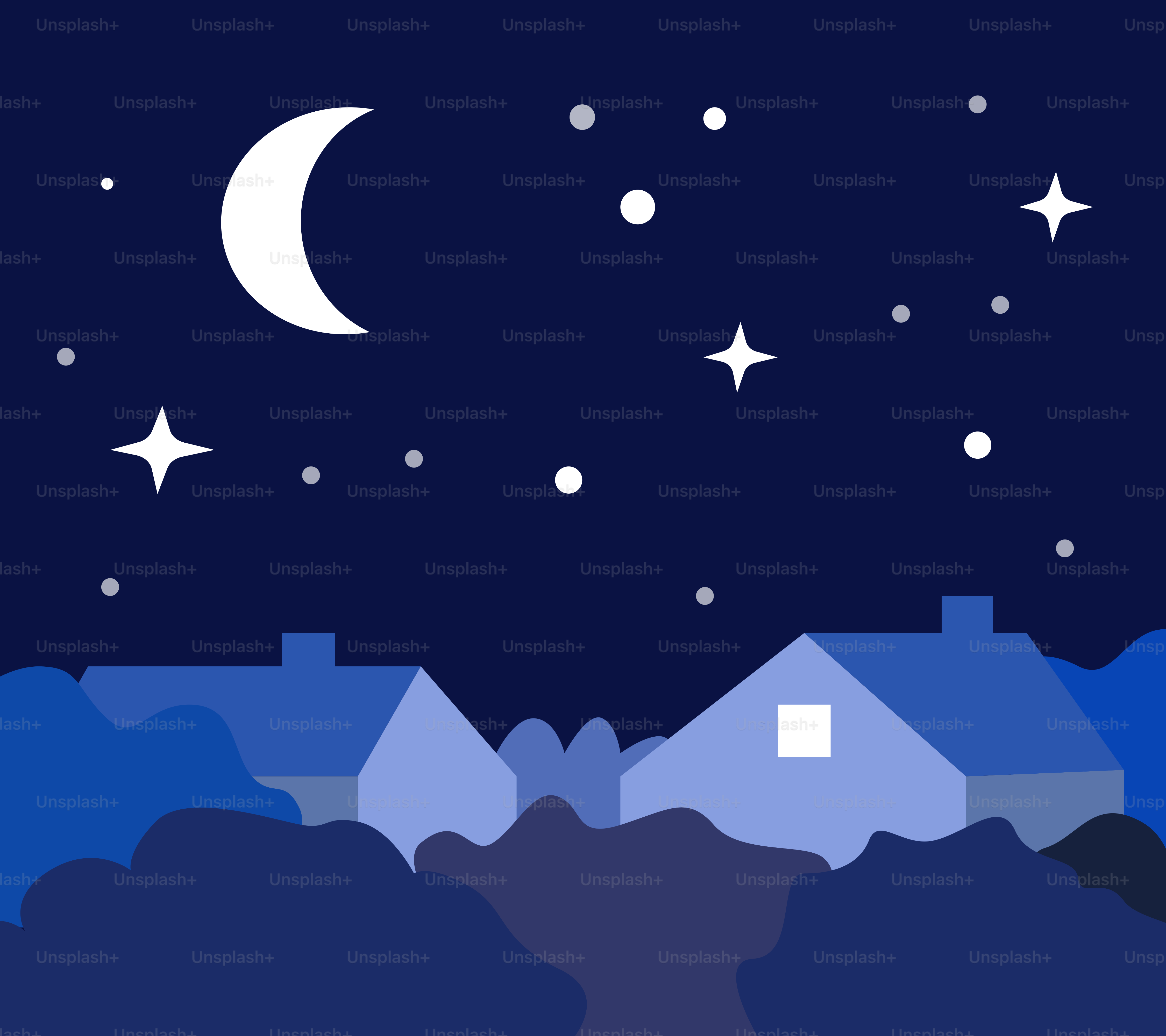 Casas ficam sob um céu noturno estrelado e iluminado pela lua.