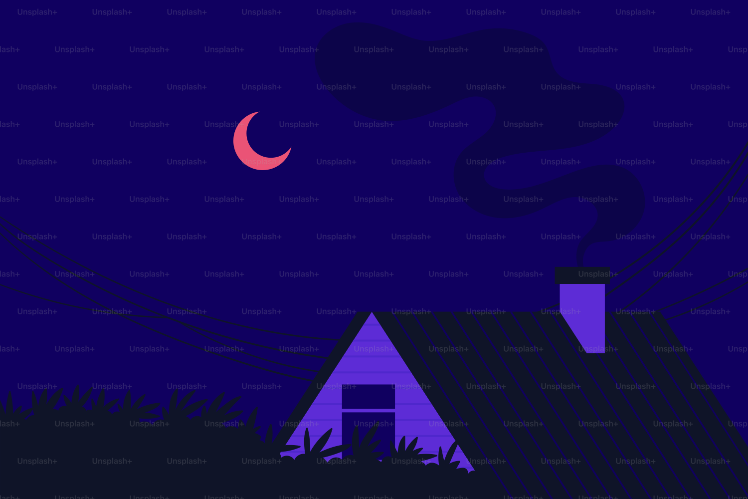 A house sits underneath the glowing crescent moon.