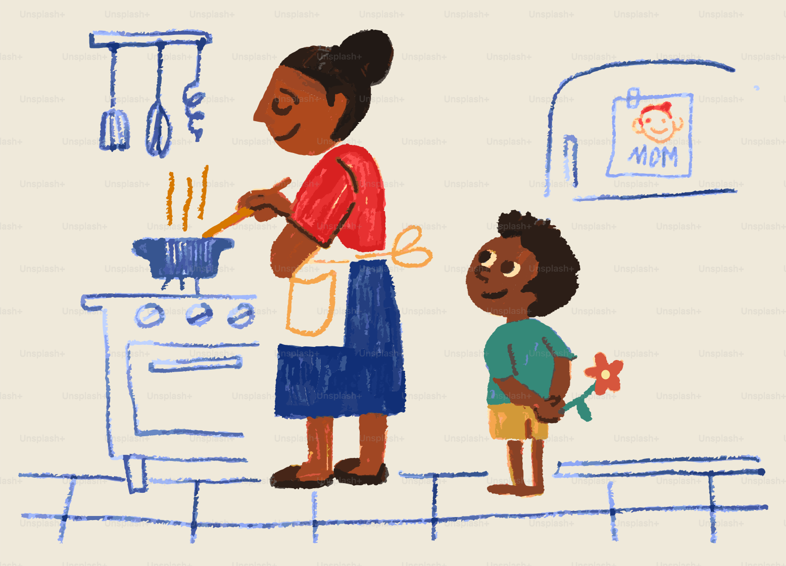A mother cooks while her child offers a flower.