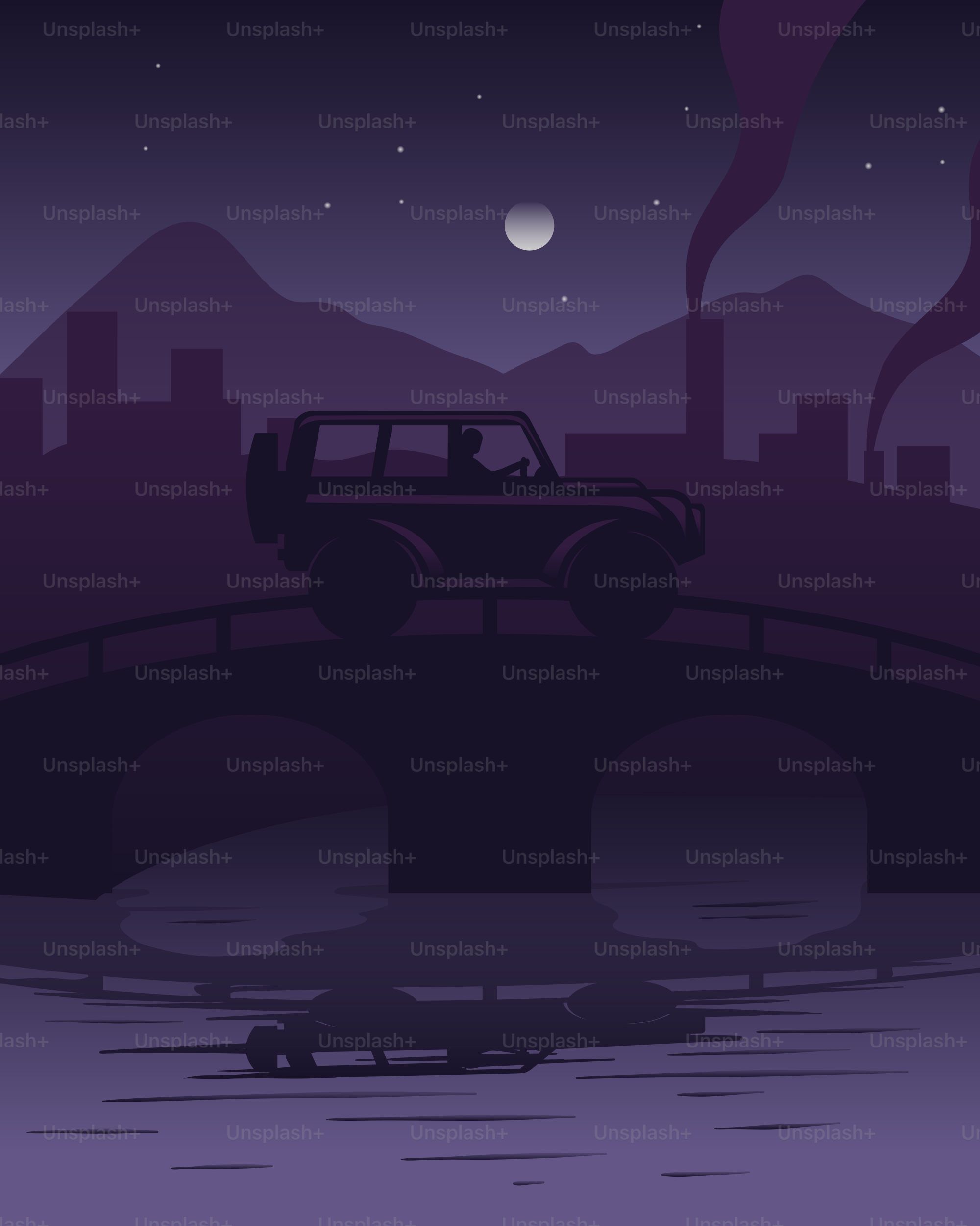 Ein Auto fährt nachts über eine Brücke.