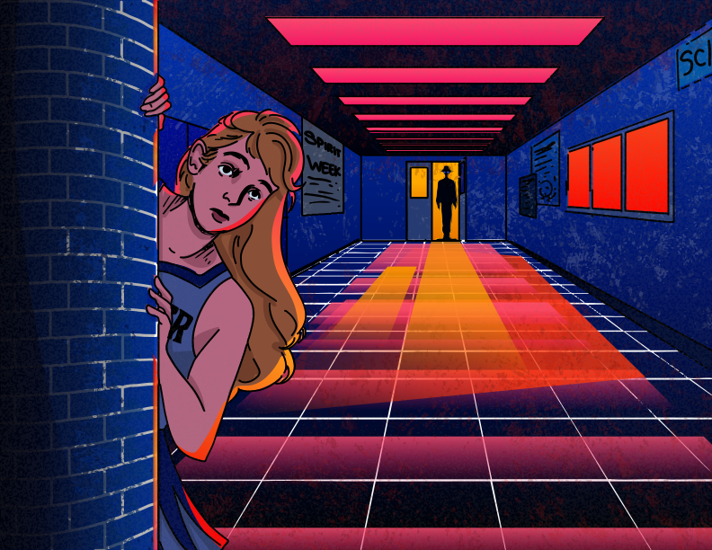 A girl peeks down a colorful school hallway.