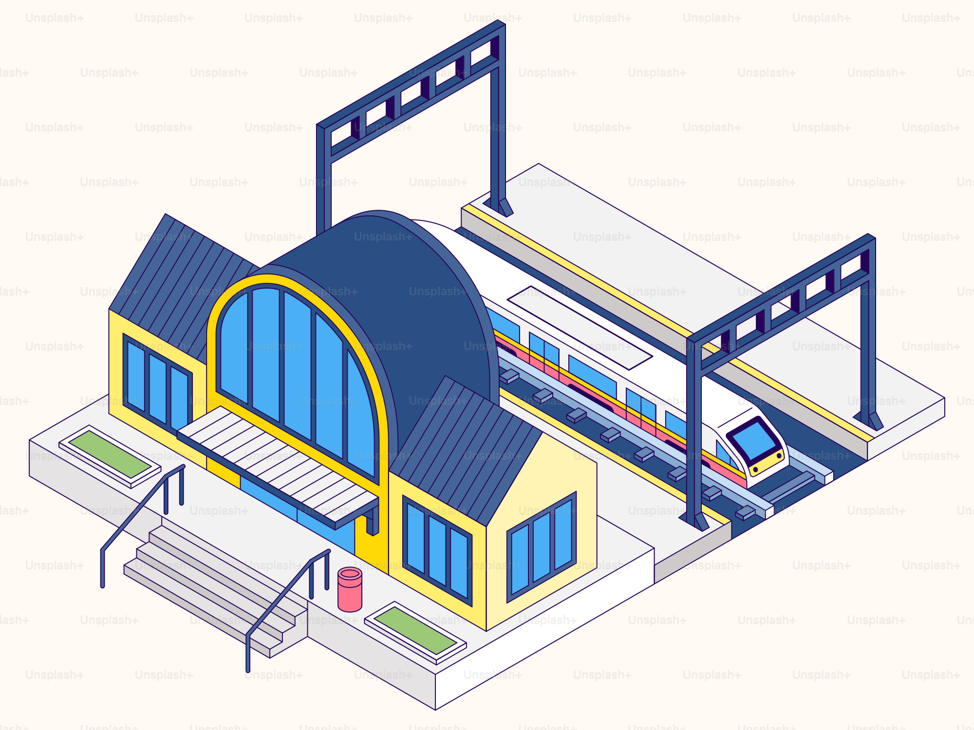 A modern train station with a train.