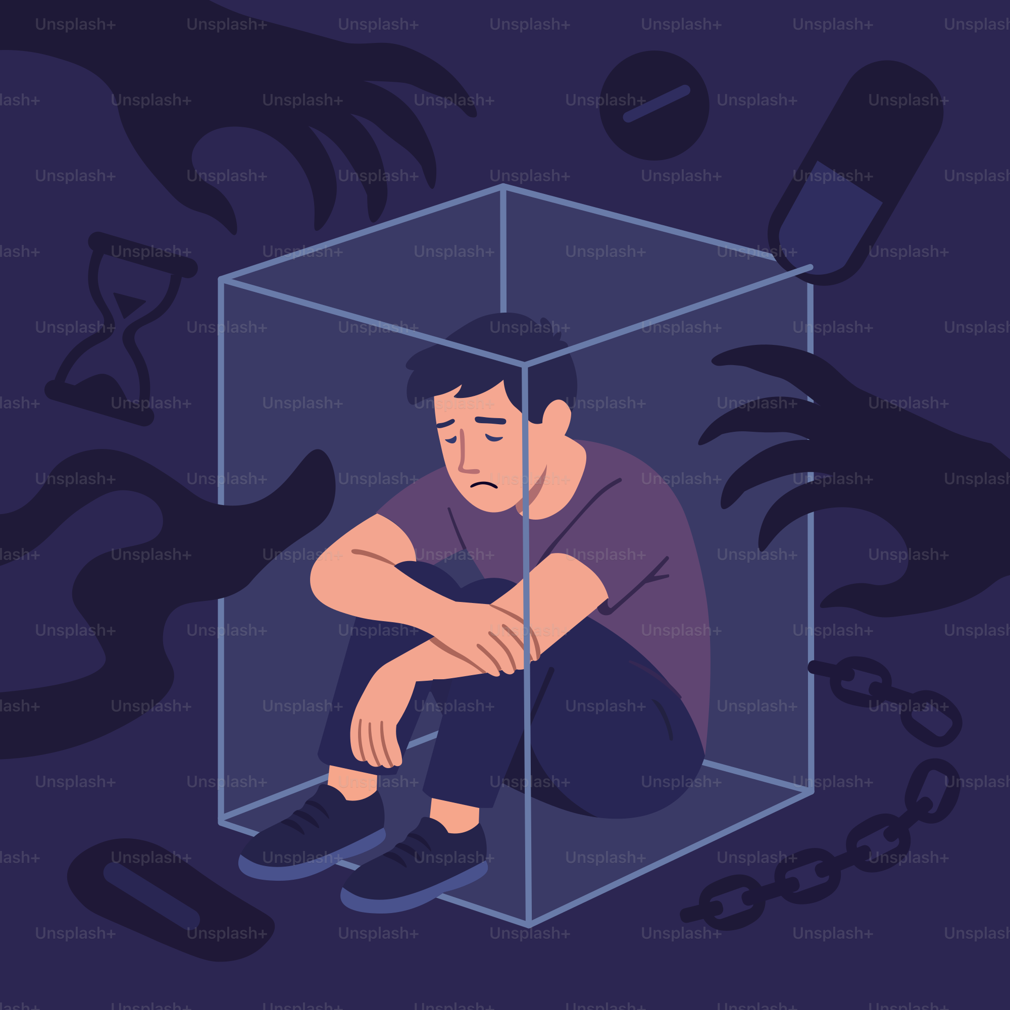 Man in a cage, surrounded by dark figures.