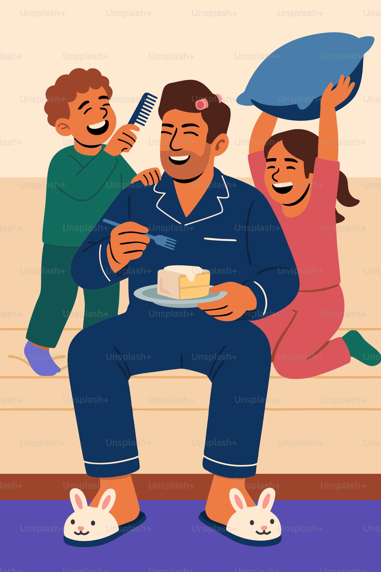 Kids play with their dad while he eats cake.