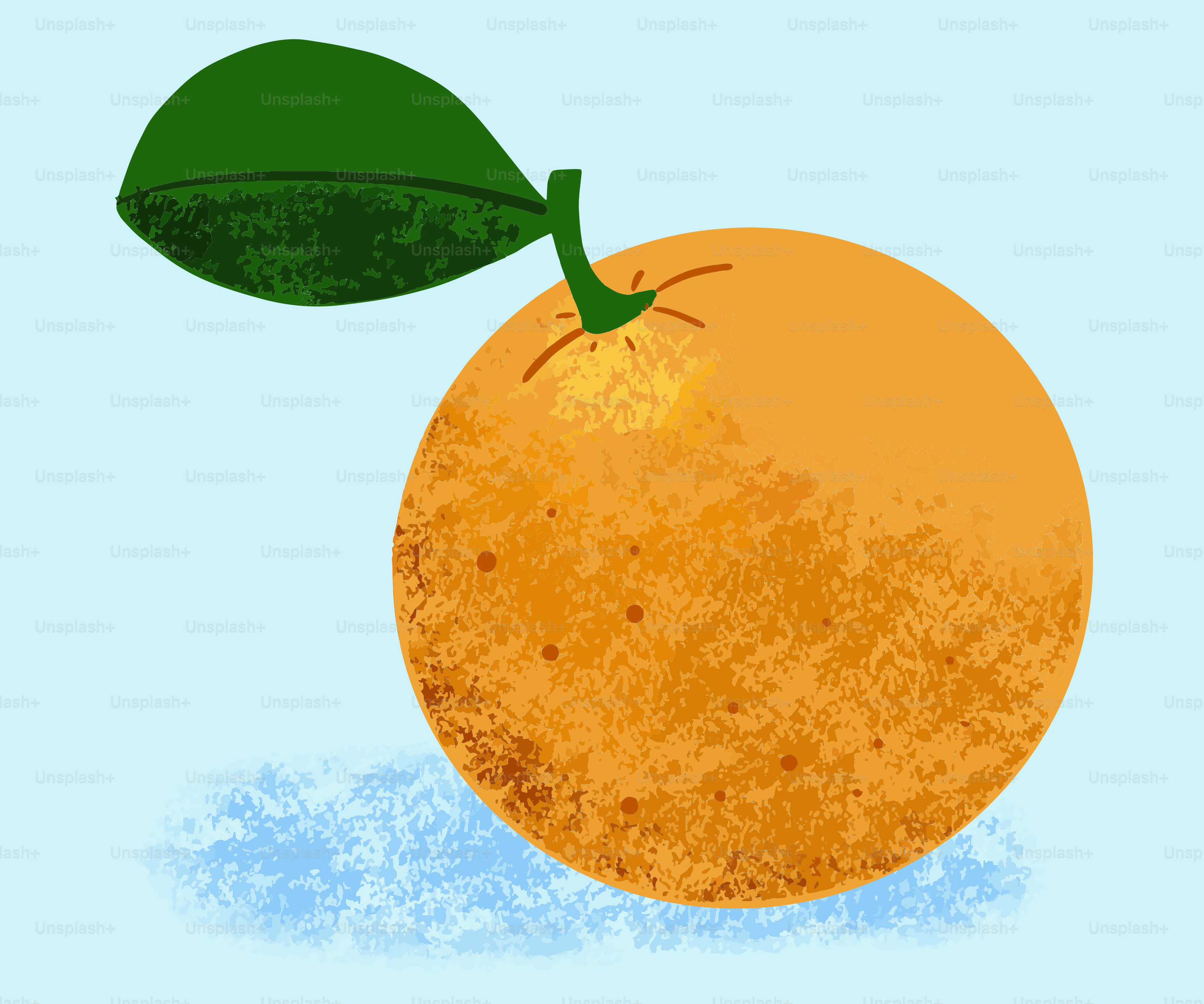 An orange with a leaf.