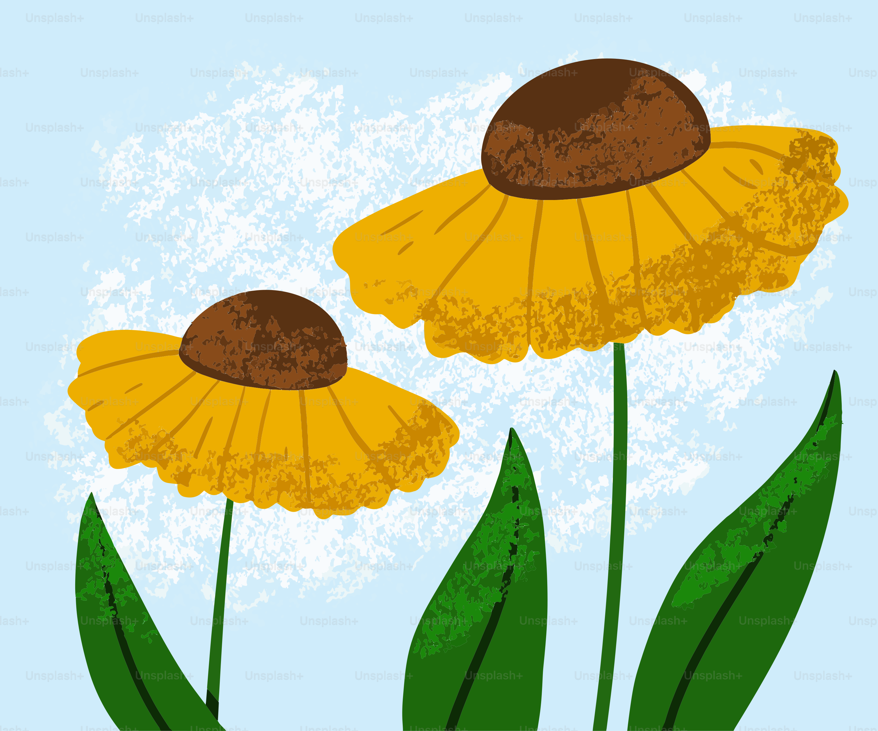 Two yellow flowers bloom under a soft blue sky.