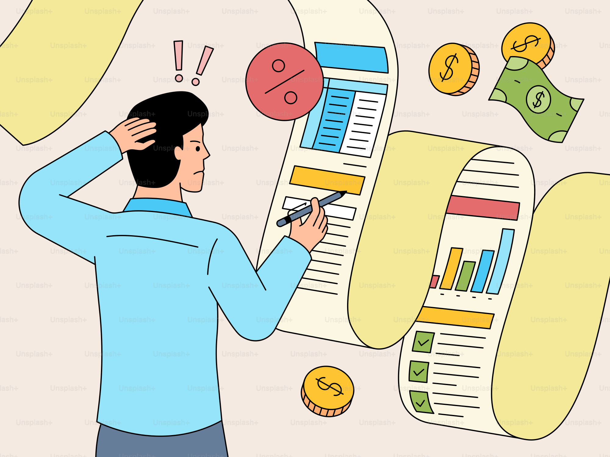A man struggles with complicated financial paperwork.