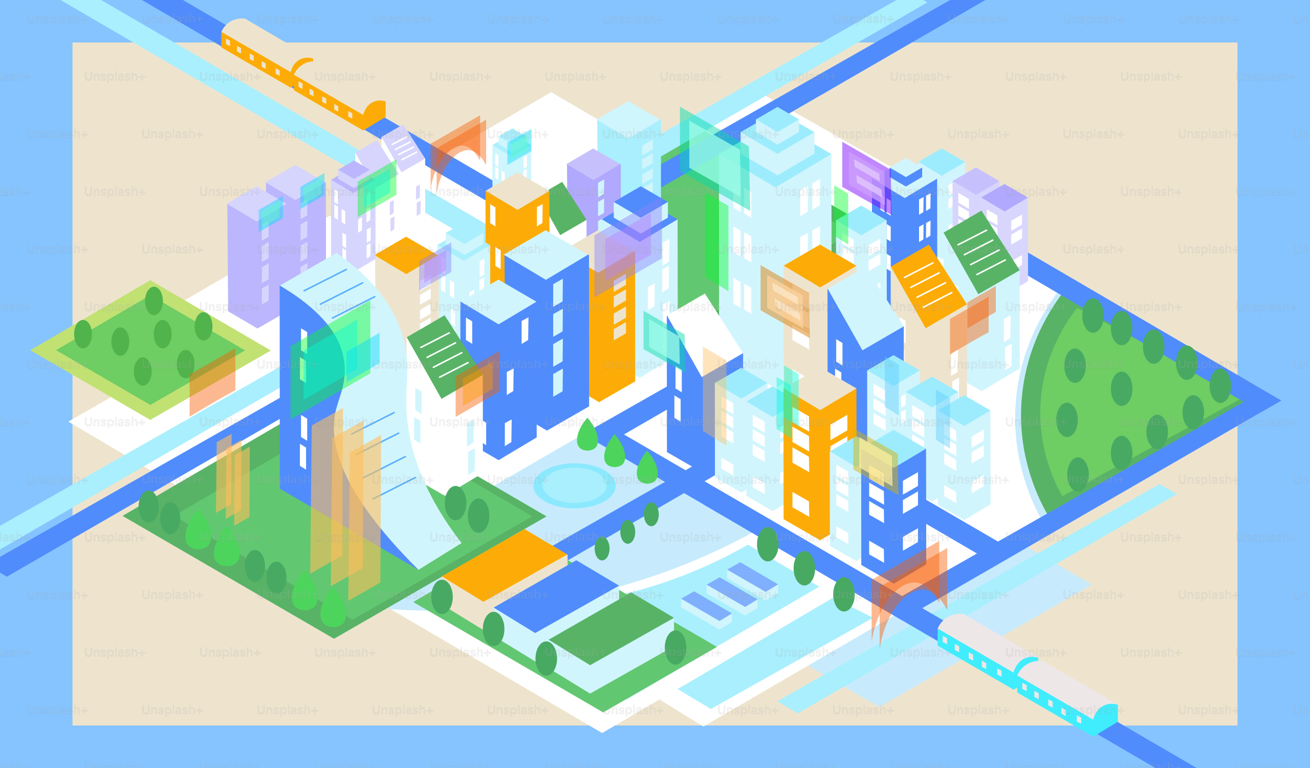 A colorful, isometric view of a modern city.
