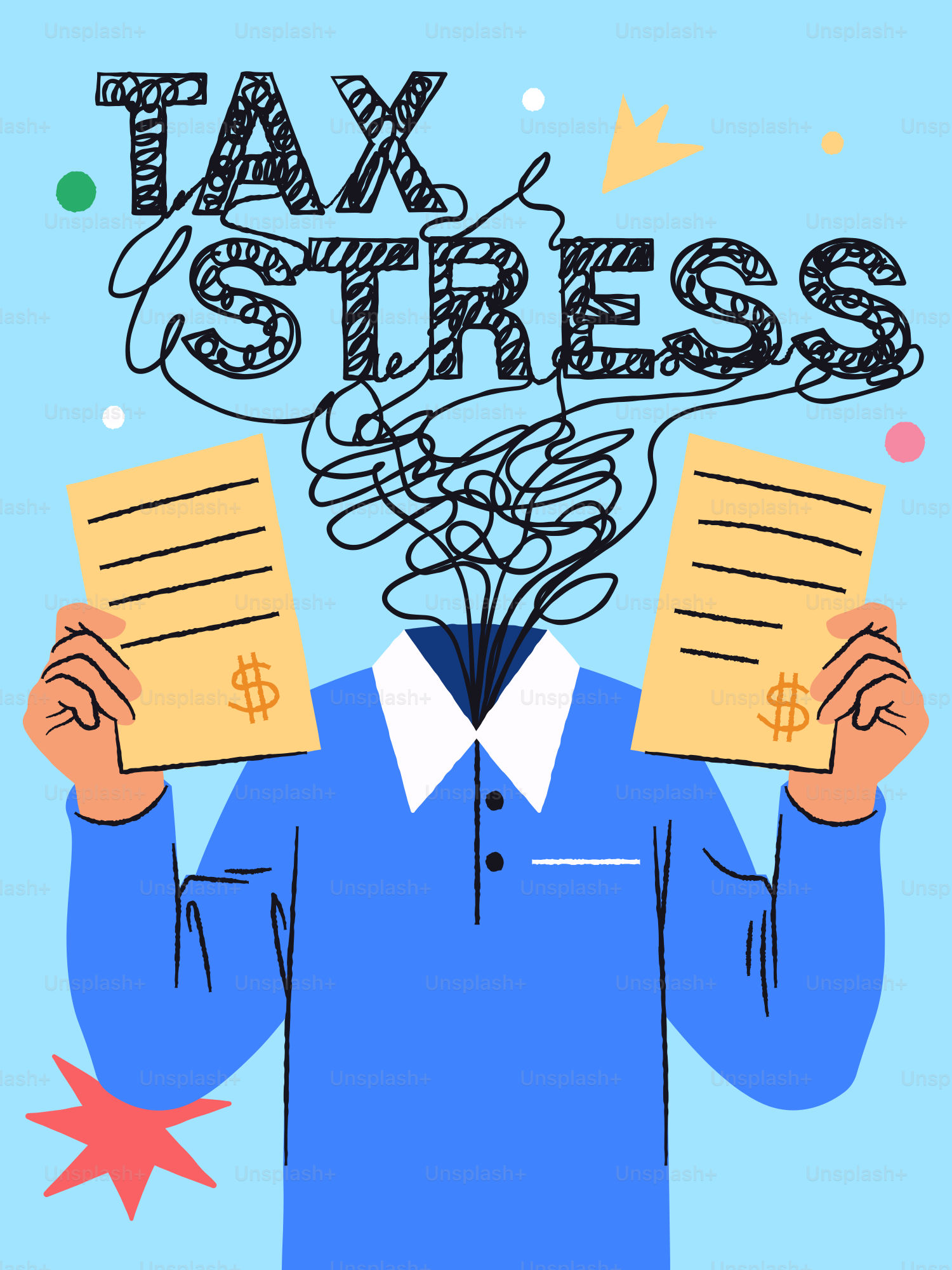 Tax stress depicted with a confused head.