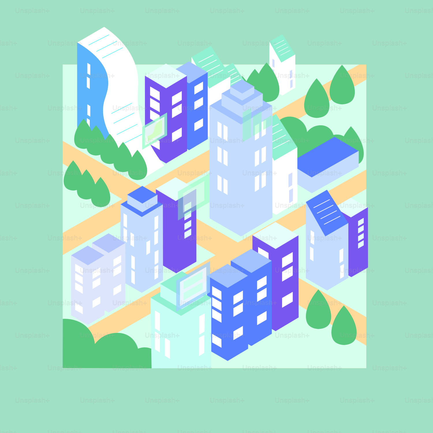 Isometric view of a colorful, modern cityscape.