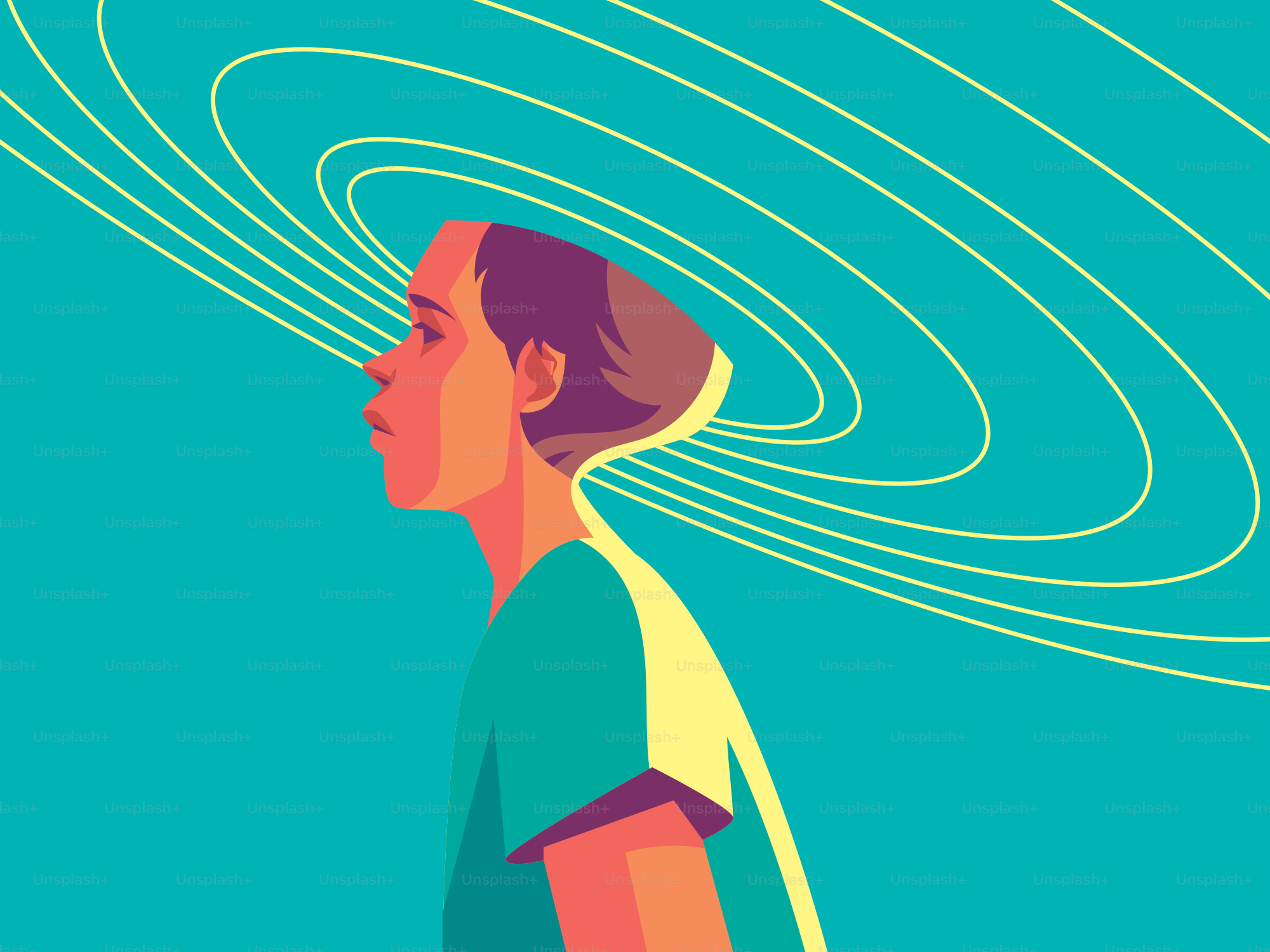 A person gazes upward, surrounded by spirals.